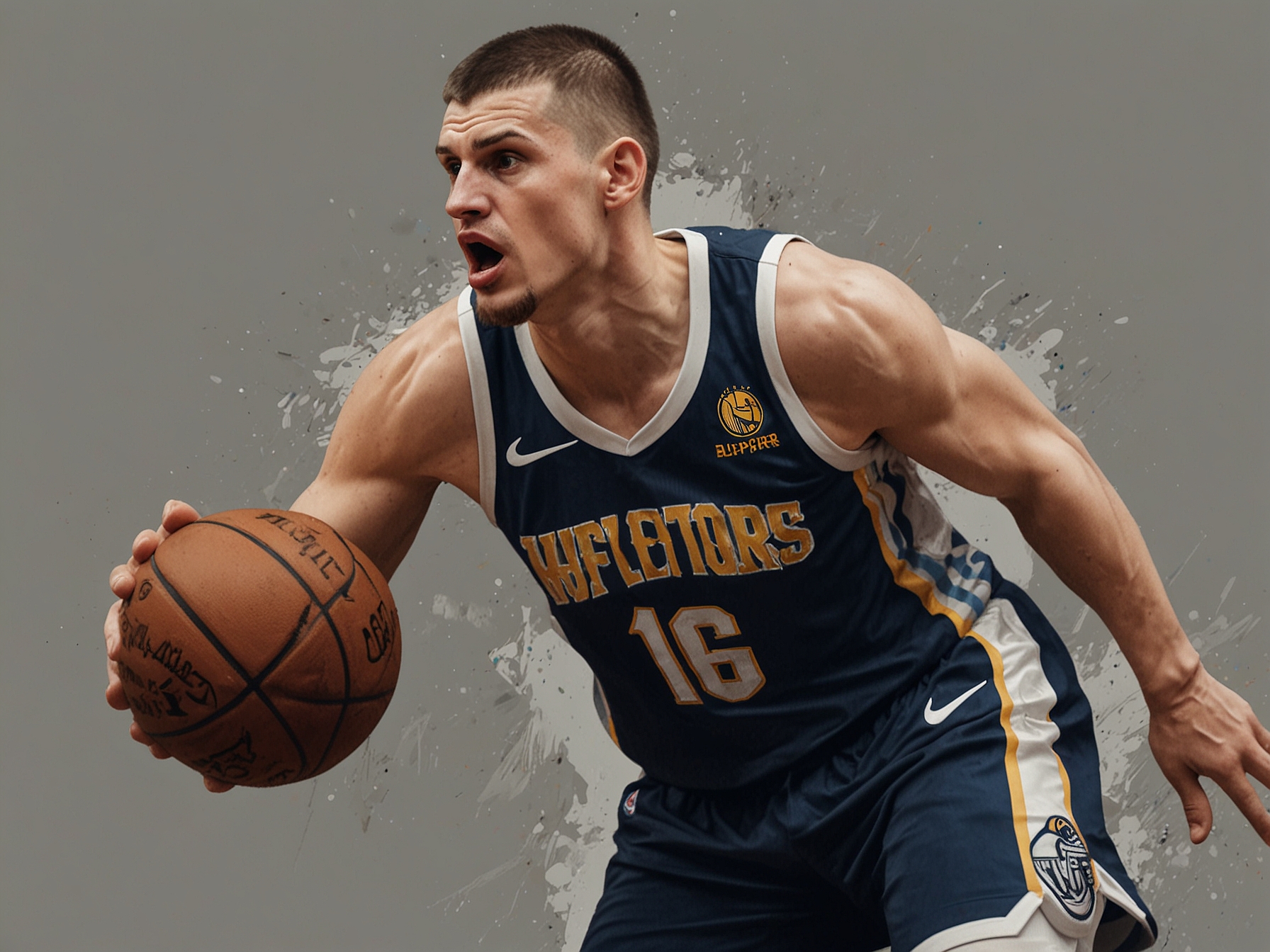 An intense moment captures Nikola Jokic dribbling the basketball during a game against the Los Angeles Clippers, showcasing his agility and skill as he looks for an open teammate during a crucial play.