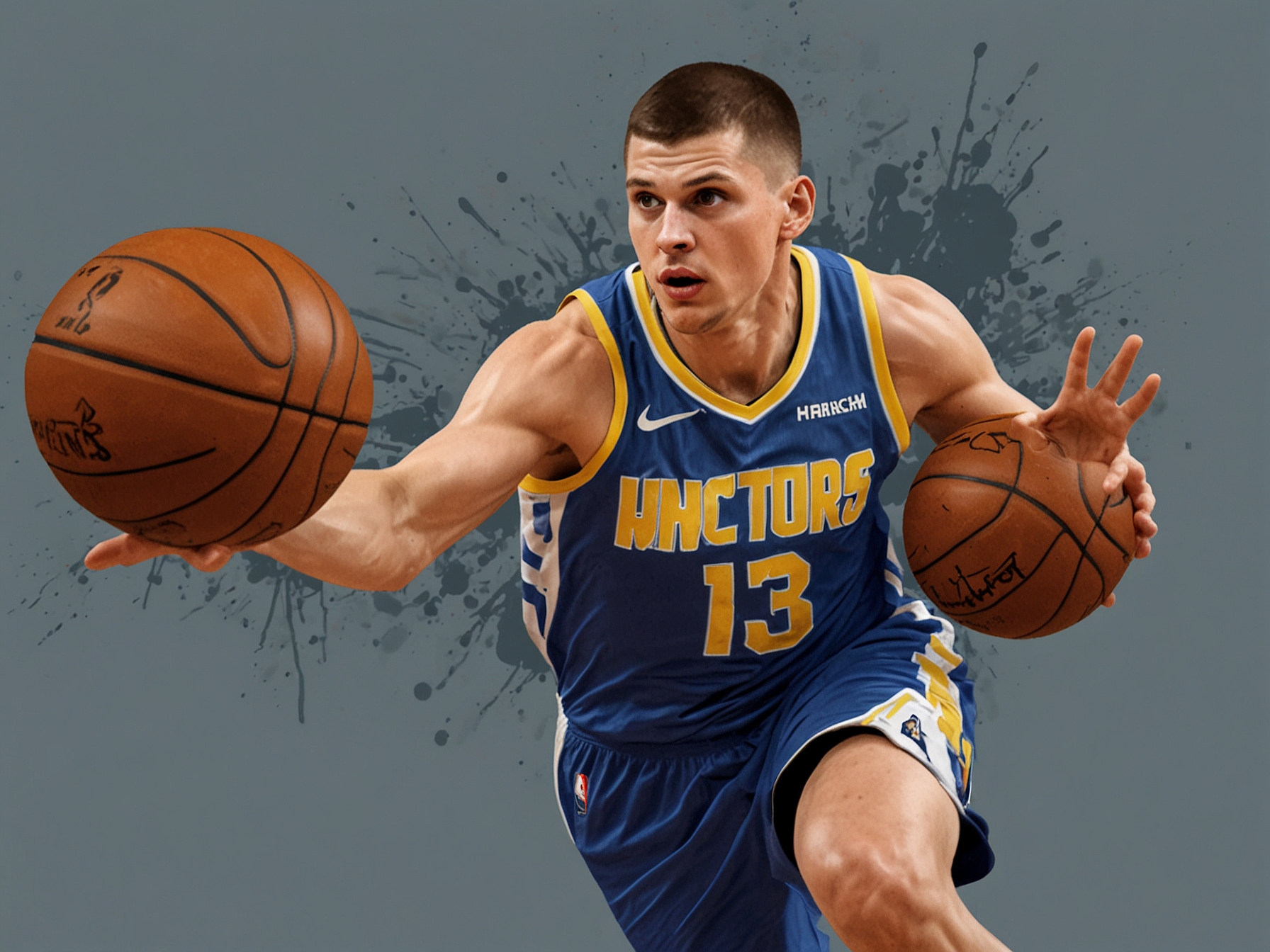Nikola Jokic standing on the basketball court, gazing at the arena's cheering crowd, reflecting the weight of his historic achievement and the bittersweet nature of the game after a narrow loss.