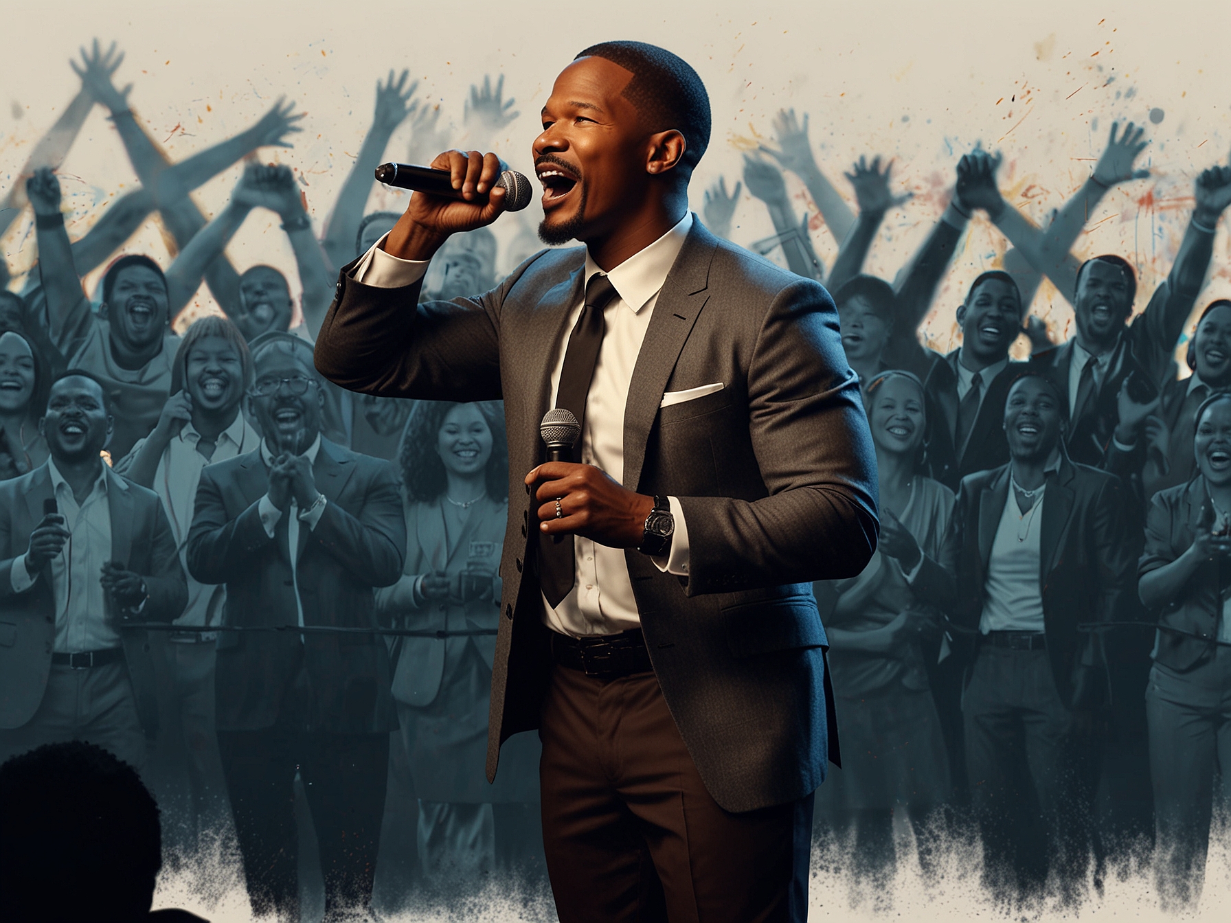 A vibrant stage with Jamie Foxx performing stand-up comedy, highlighting a mix of emotions; laughter from the audience interspersed with moments of reflection, symbolizing resilience and community support.