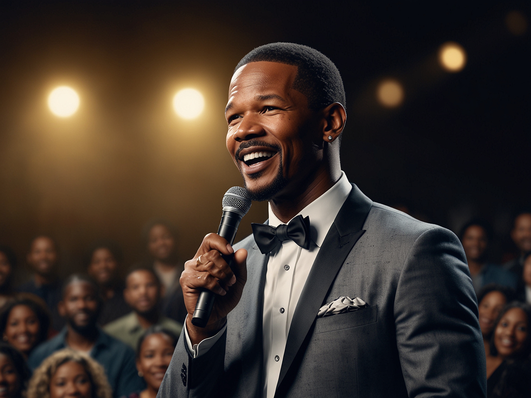 Close-up of Jamie Foxx expressing gratitude to his fans on stage, his face reflecting a range of emotions from joy to vulnerability, showcasing his commitment to sharing his truth.