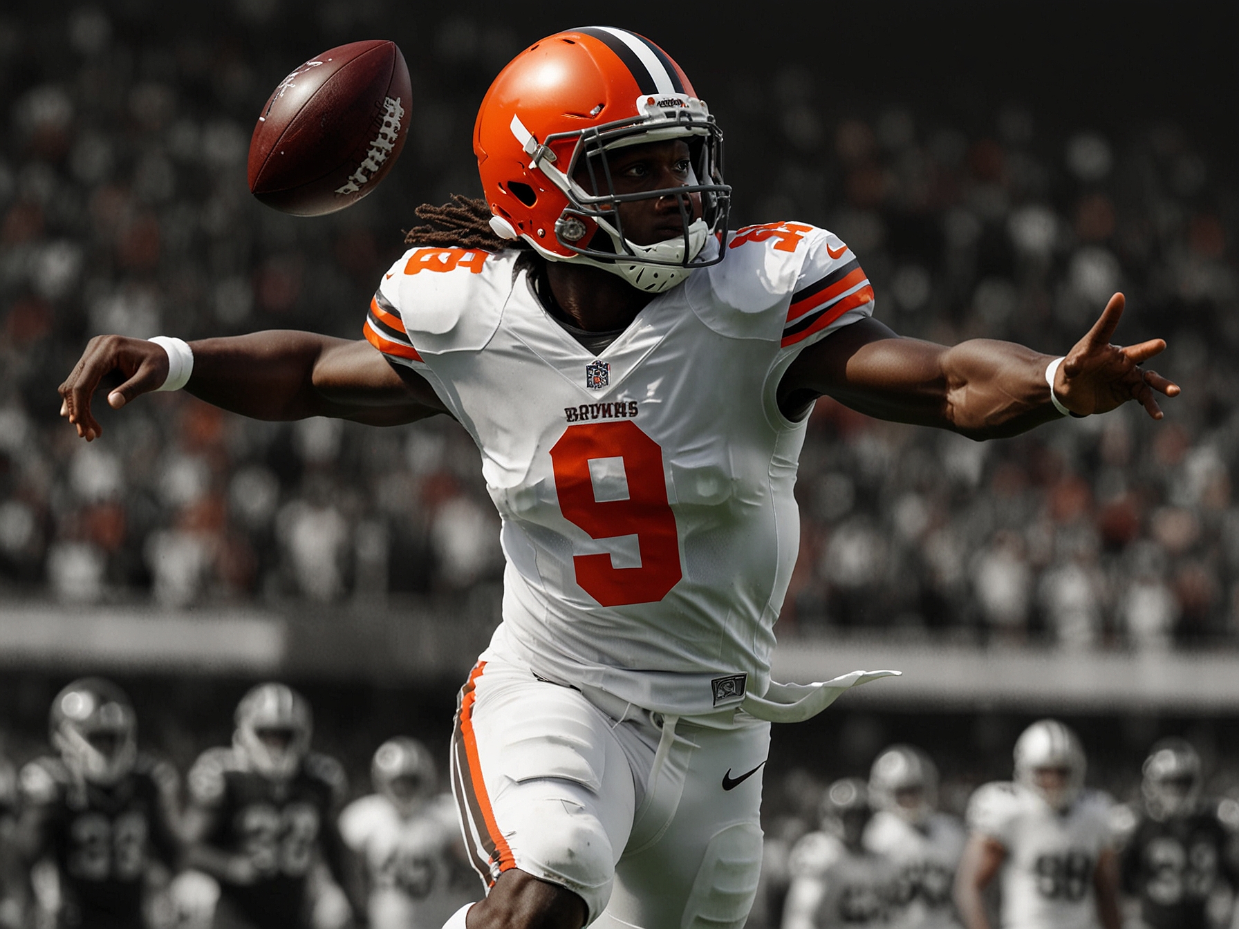 An action shot of Jerry Jeudy in a Cleveland Browns uniform catching a pass during a game, focused and determined, showcasing his skills on the field.