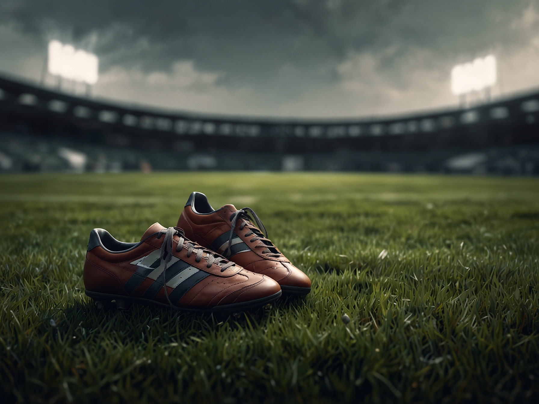 A somber image of a football field with a single pair of tiny shoes placed on the grass, symbolizing loss and remembrance within the world of sports.