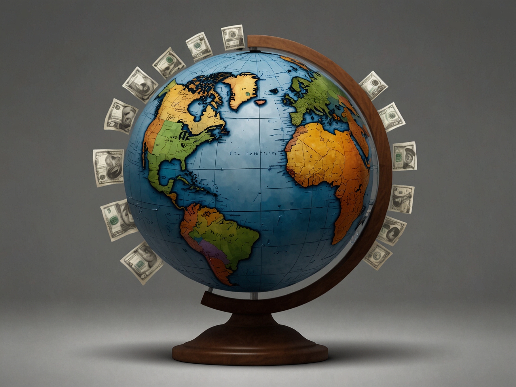 A conceptual illustration of a globe partially divided into sections representing BRICS countries, with dollar signs fading in the background to depict the diminishing role of the US dollar.