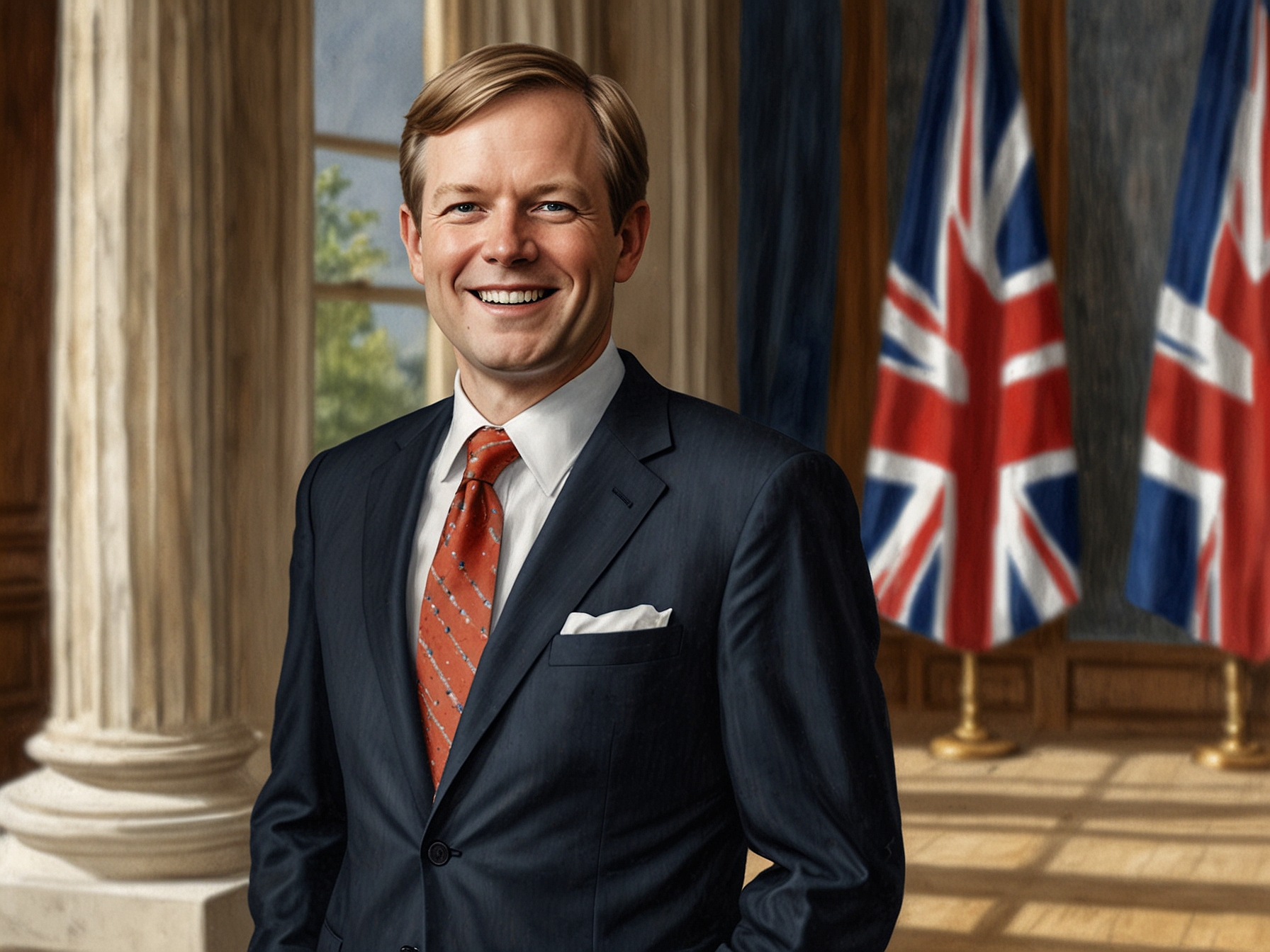 A diplomatic setting with Warren Stephens engaged in conversation with British officials, symbolizing the new chapter in U.S.-U.K. relations under his ambassadorship.