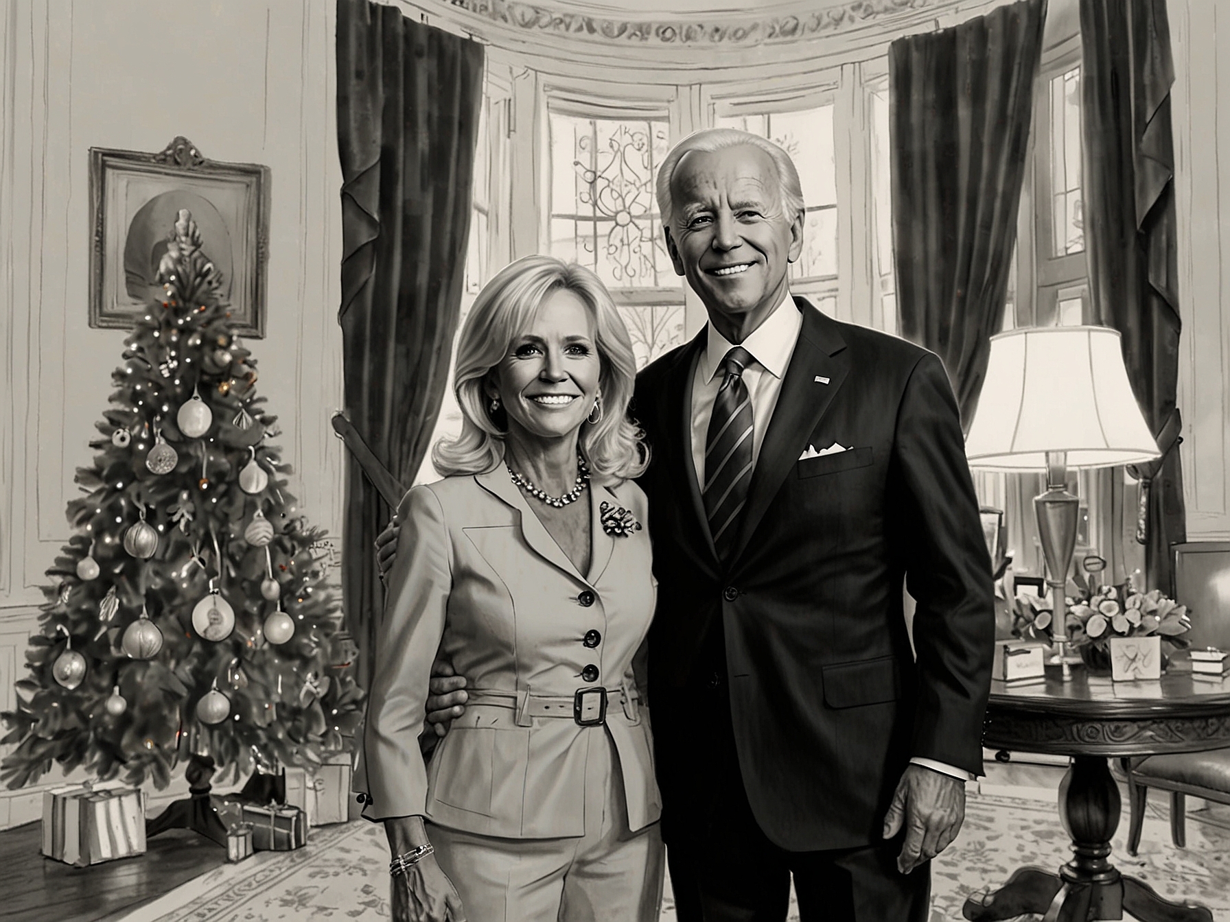 A close-up of Jill Biden addressing the media, showcasing her emotional response and the importance of family loyalty during trying times, with festive holiday decor in the backdrop.