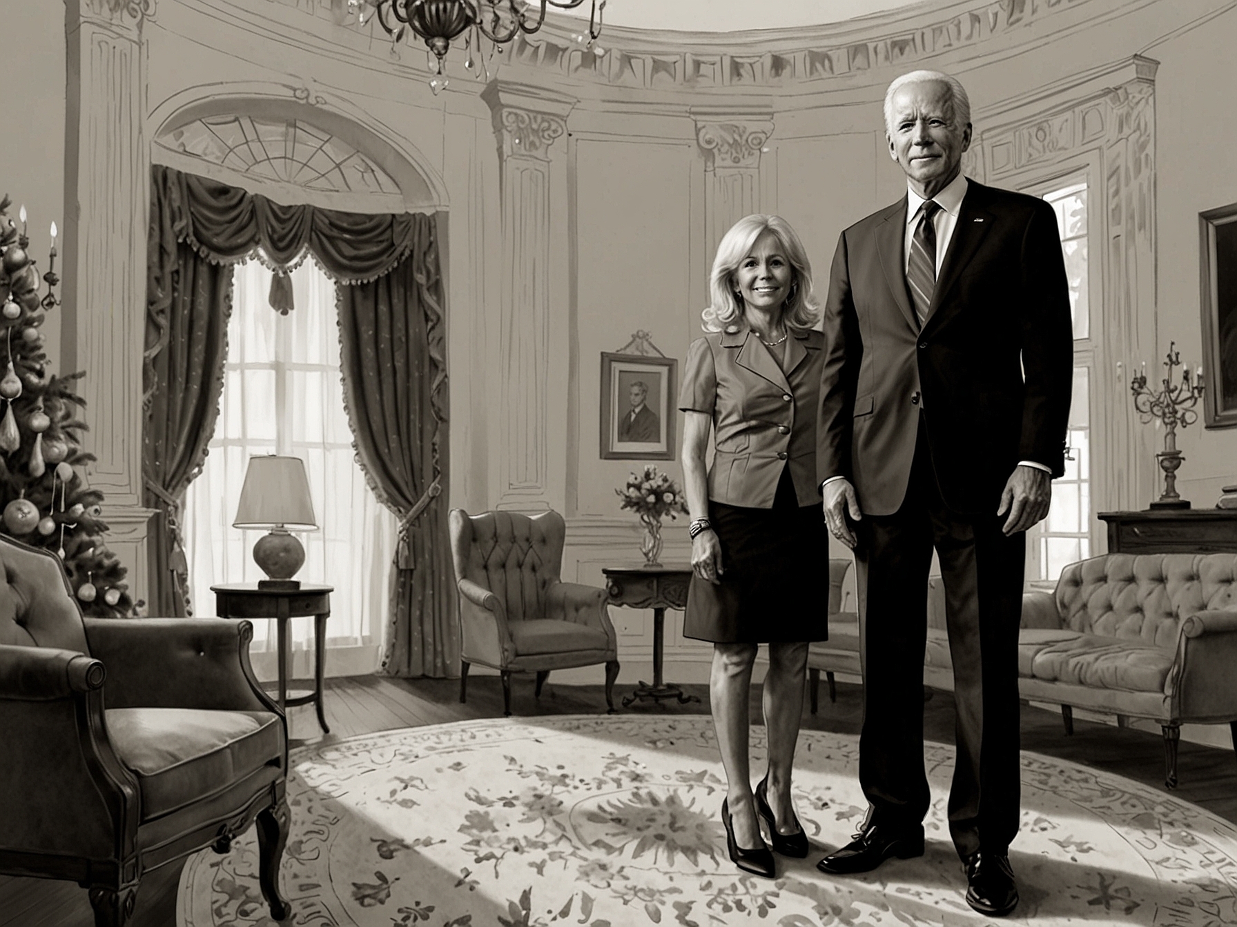 An illustration of the Biden family gathered around a holiday table, depicting themes of forgiveness, support, and the complexities of family politics during the festive season.