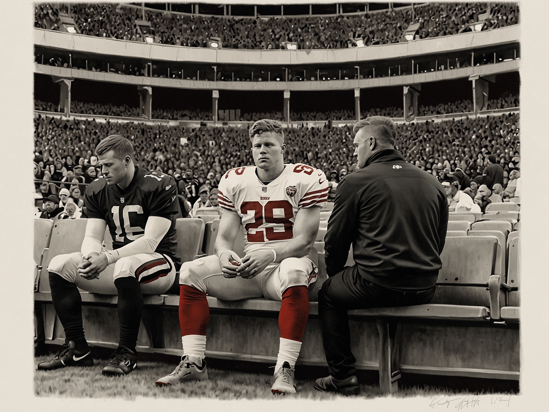 A somber scene at Levi's Stadium as the San Francisco 49ers players and coaches reflect on the devastating injuries to Christian McCaffrey and Jordan Mason. Fans in the stands show concern, emphasizing the emotional weight of the moment.