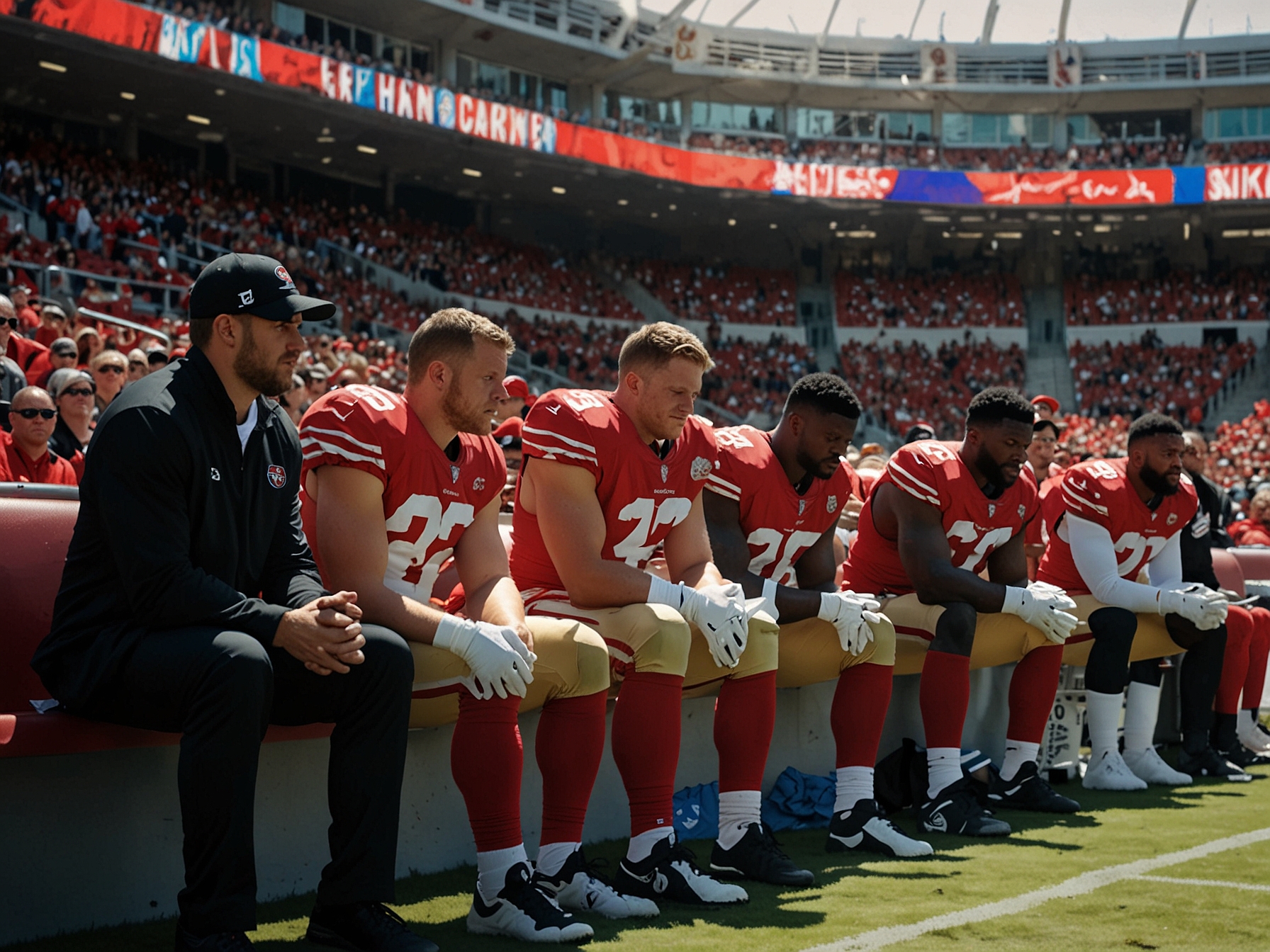 San Francisco 49ers coach Kyle Shanahan discusses injury updates with reporters, showcasing his determination to rally the team despite the setbacks from two key player injuries.