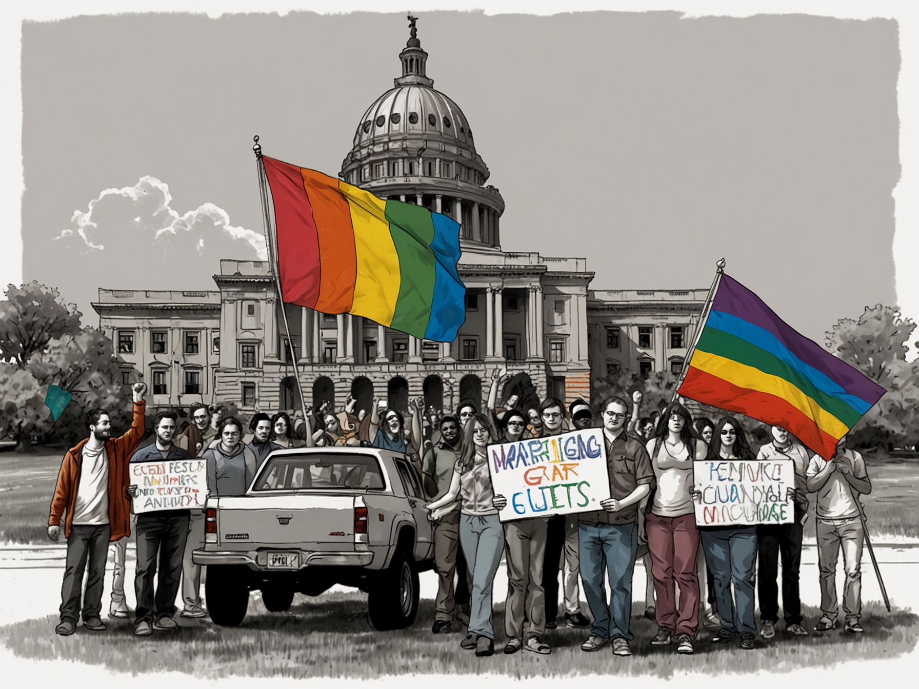 A close-up shot of a protest sign that reads 'Love is Love' among a crowd supporting LGBT rights in Michigan.