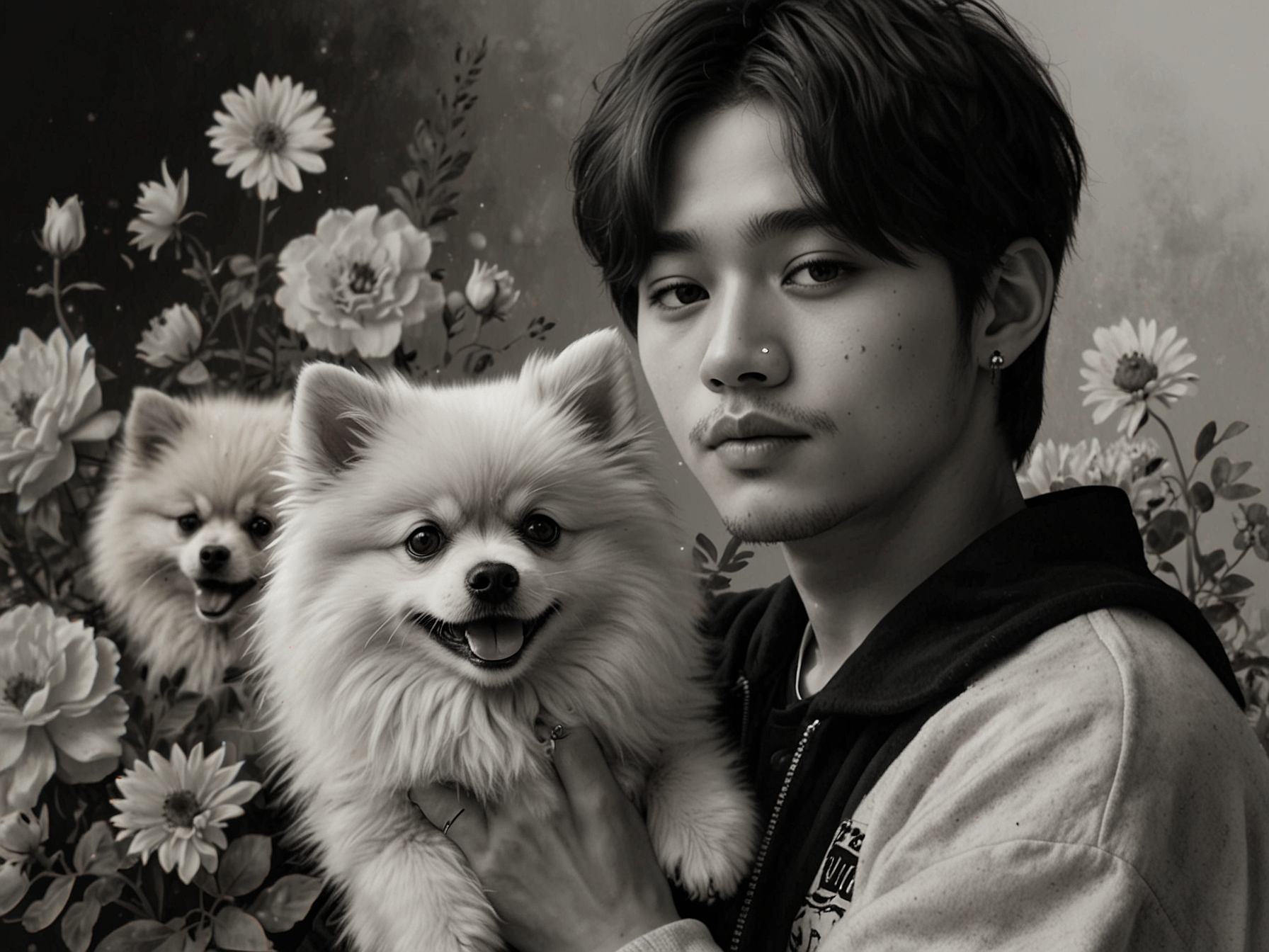 A touching portrait of Kim Taehyung holding his small Pomeranian dog, Yeontan, surrounded by heartfelt tributes from fans, showcasing love and remembrance.
