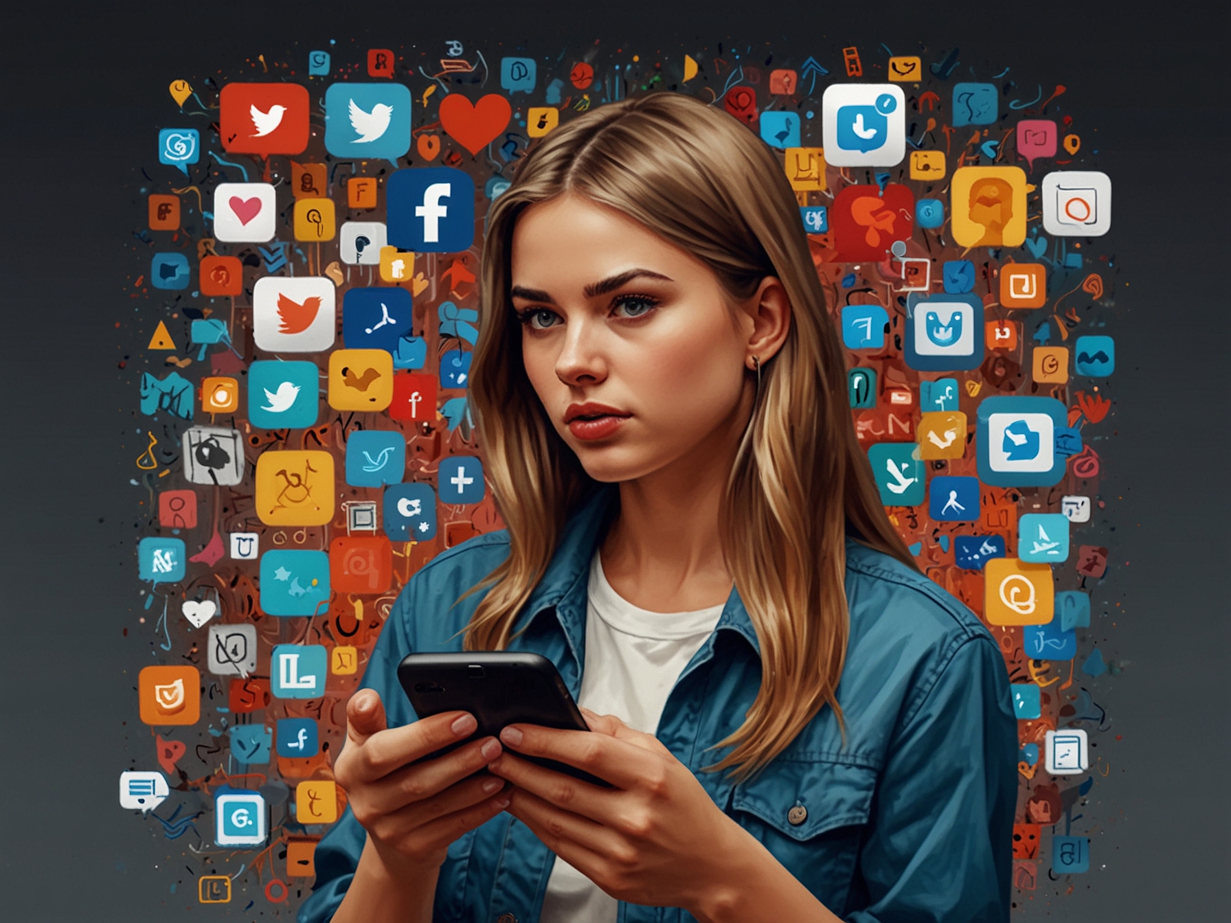 A digital illustration of Taylor Lorenz looking frustrated while using her phone, surrounded by vibrant social media icons representing diverse opinions, in a pandemic-related context.