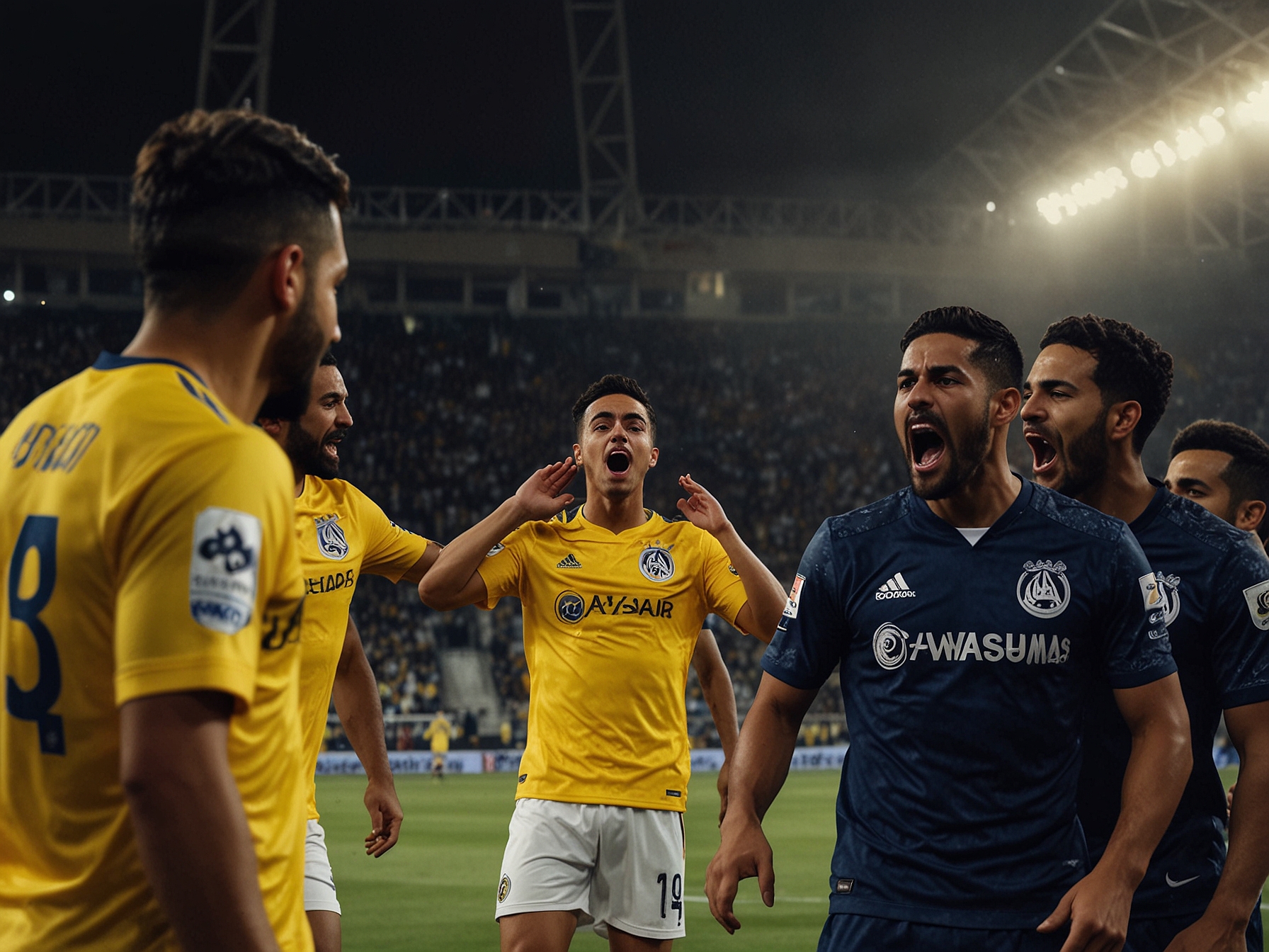 An intense moment from the match showing Al Nassr players reacting to a missed opportunity while Al Sadd players celebrate their early goal, encapsulating the game's emotional highs and lows.