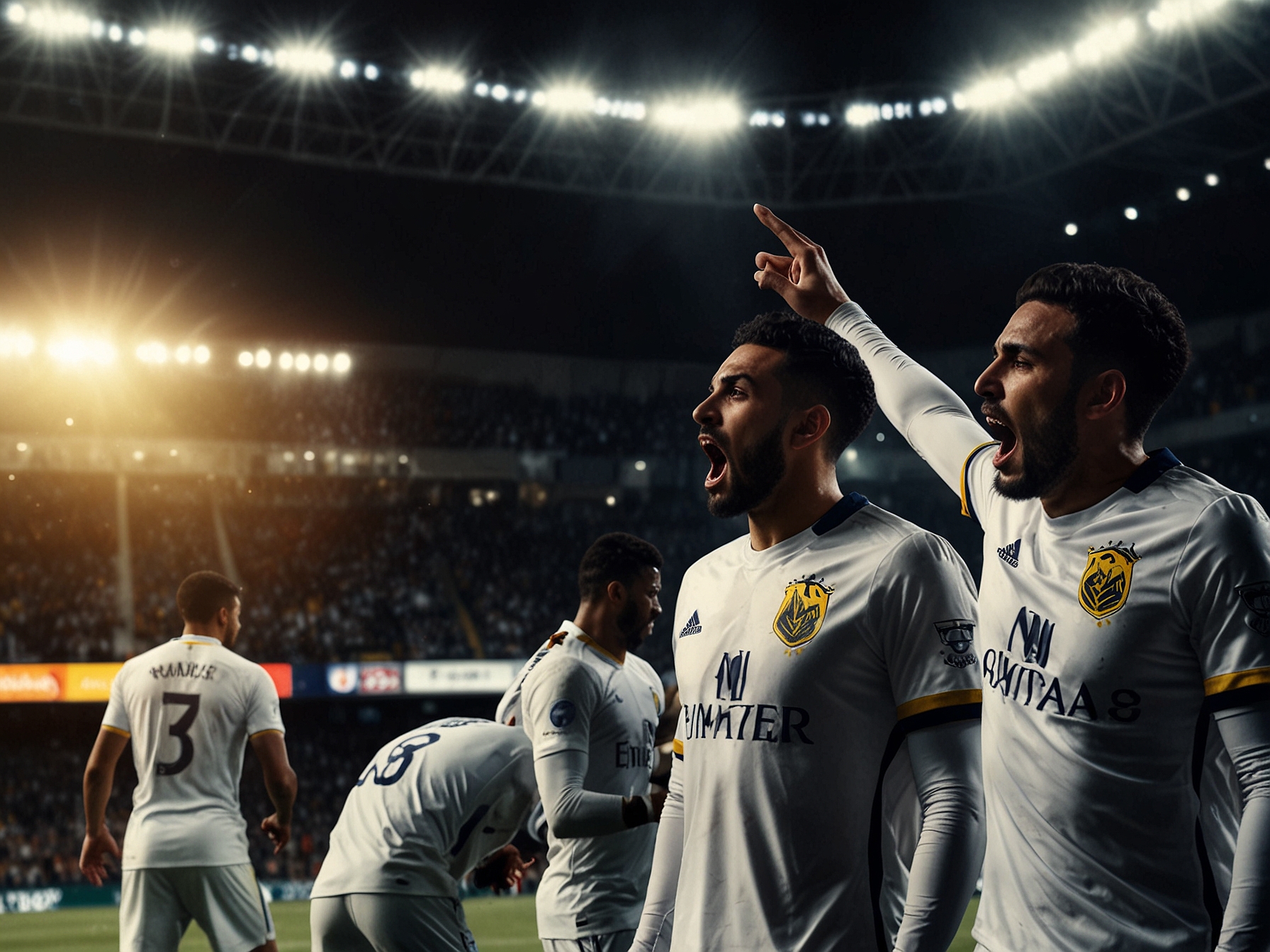 A dramatic scene capturing the penalty conversion by Adam Ounas for Al Sadd during injury time, depicting the pivotal moment that sealed Al Nassr's fate in the match.