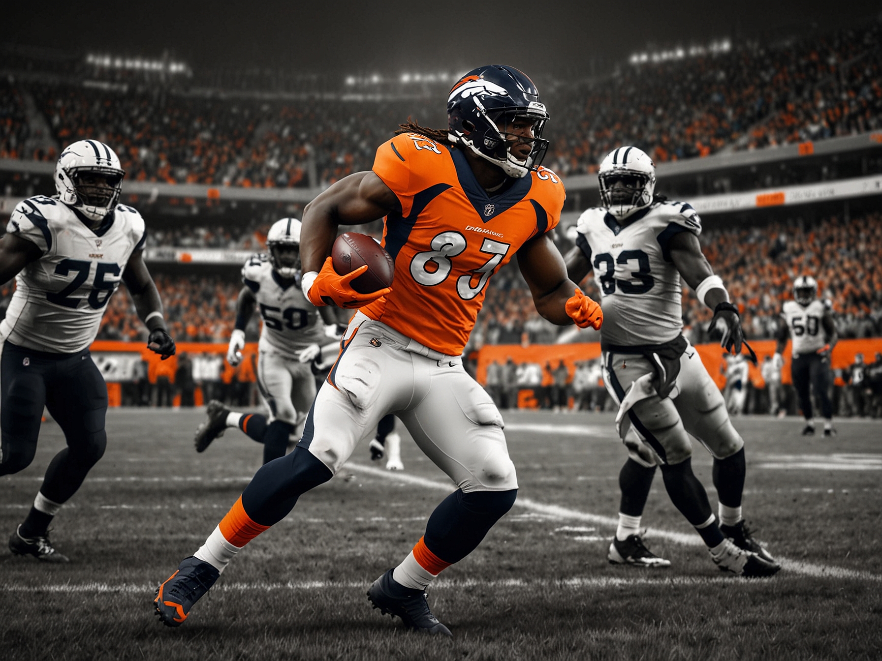 A tense moment during the NFL game where the Denver Broncos are on offense, with Jerry Jeudy making a strong catch against the Cleveland Browns defense.