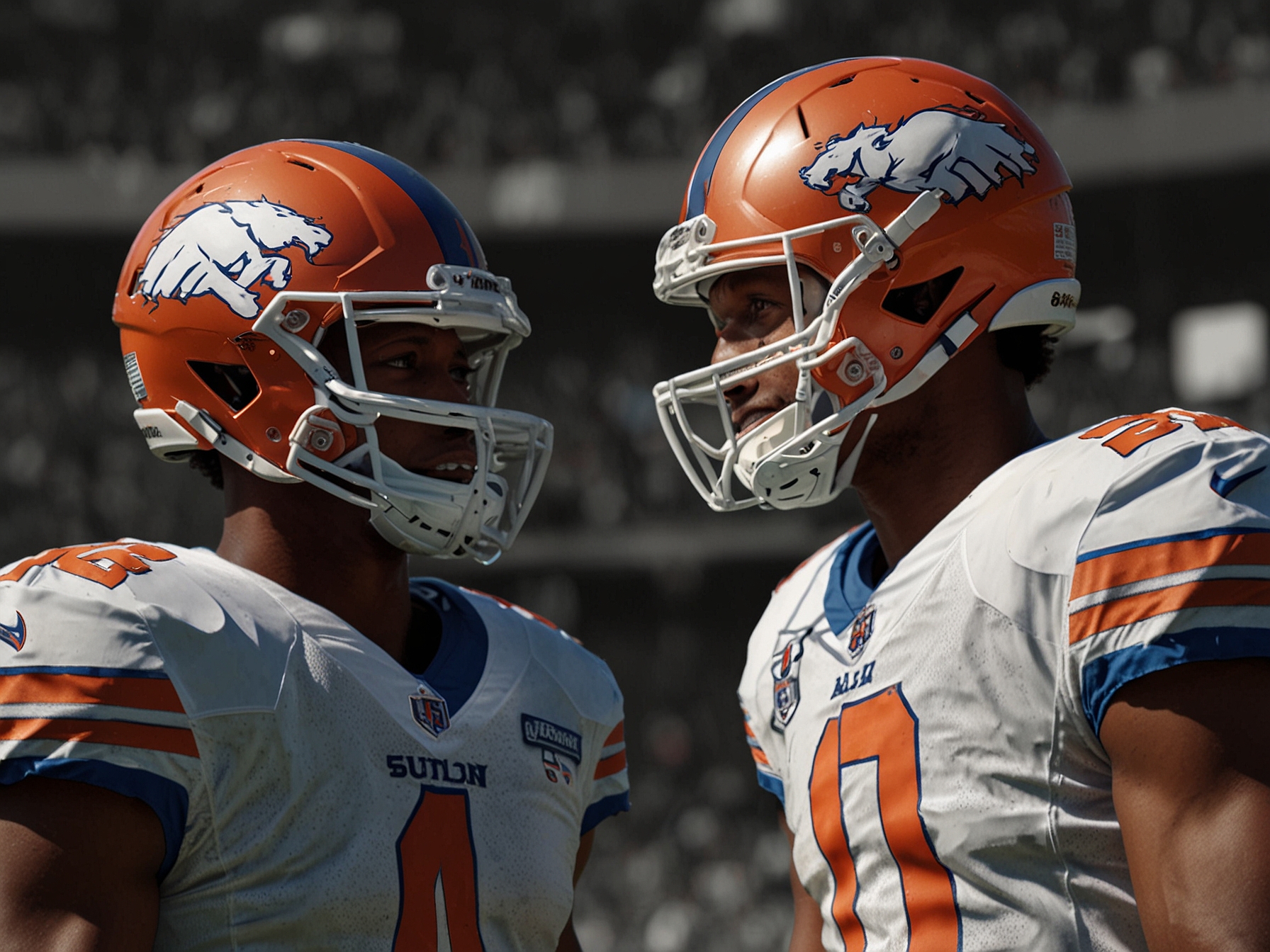 Bo Nix throwing a deep pass to Courtland Sutton in a game scenario, symbolizing the emerging connection between the rookie quarterback and the star receiver.