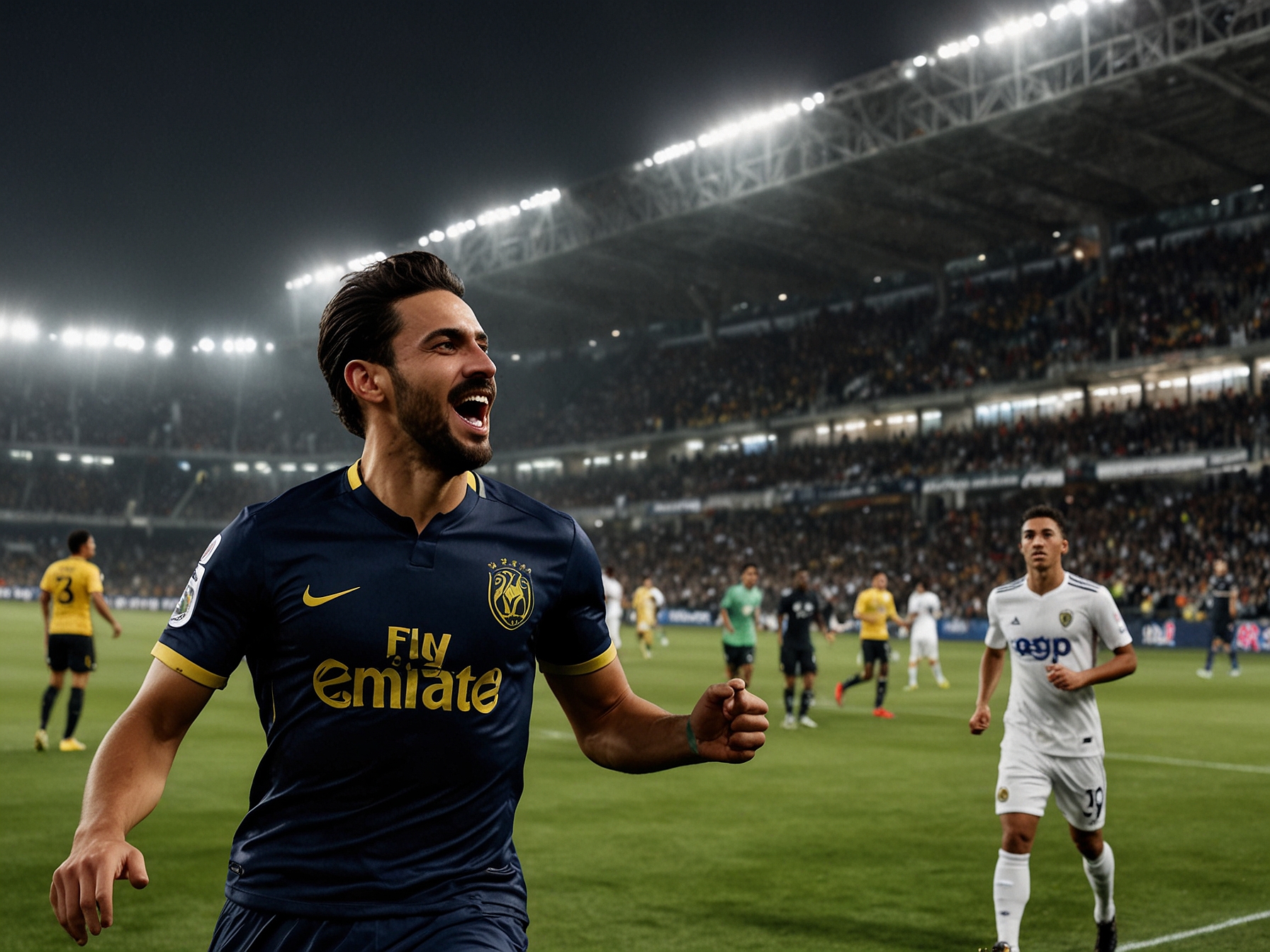 An intense football match between Al-Sadd and Al-Nassr, showing players in action as Al-Sadd celebrates their stunning victory in the AFC Champions League with fans in the background.