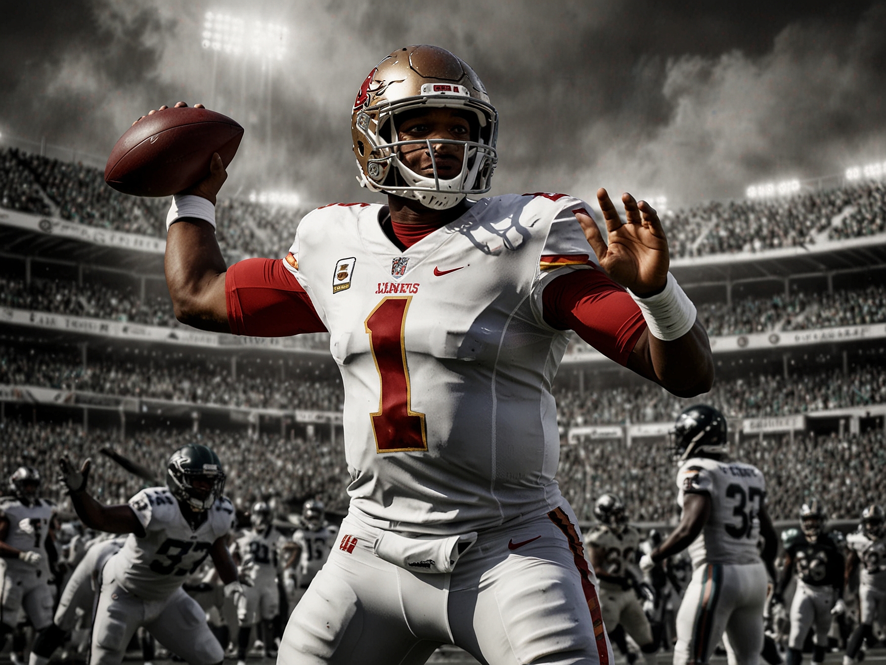 A dynamic photograph of Jameis Winston in action, throwing a touchdown pass to David Njoku, with fans cheering in the background during the intense NFL game.