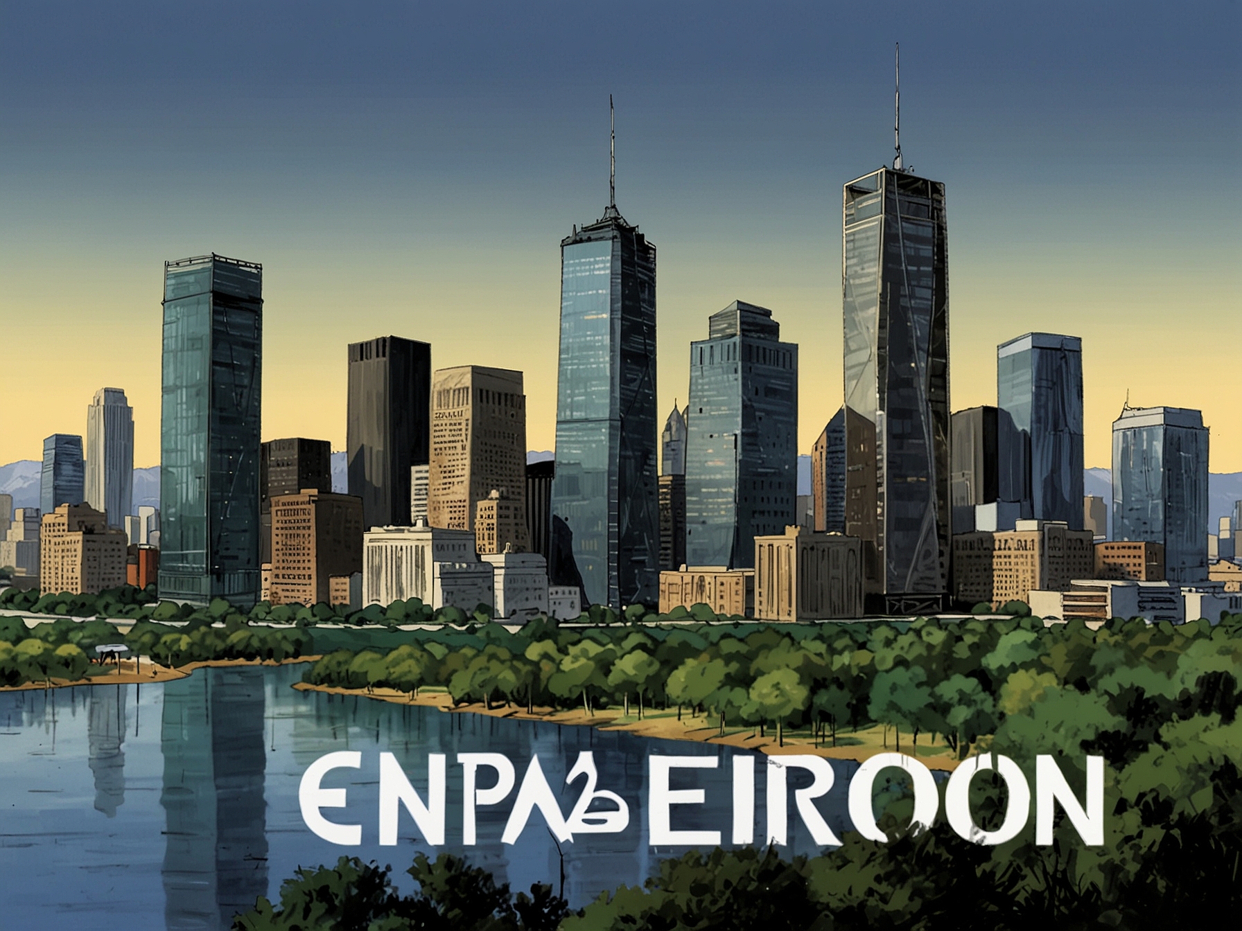 An illustrative image showing the new Enron logo with a countdown clock, alongside a backdrop of Houston's skyline, symbolizing the company's controversial return and its connection to sustainable energy.
