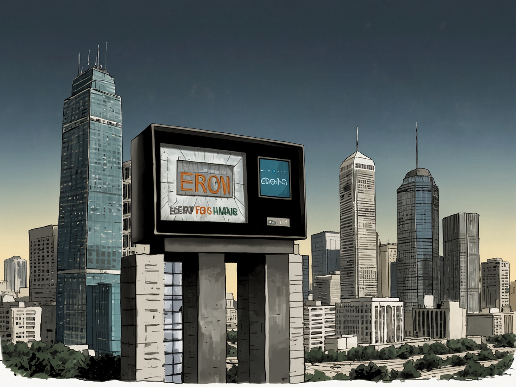A collage of newspaper headlines from the early 2000s about the Enron scandal juxtaposed with modern social media posts referencing the company's relaunch, highlighting the contrast between its past and present.