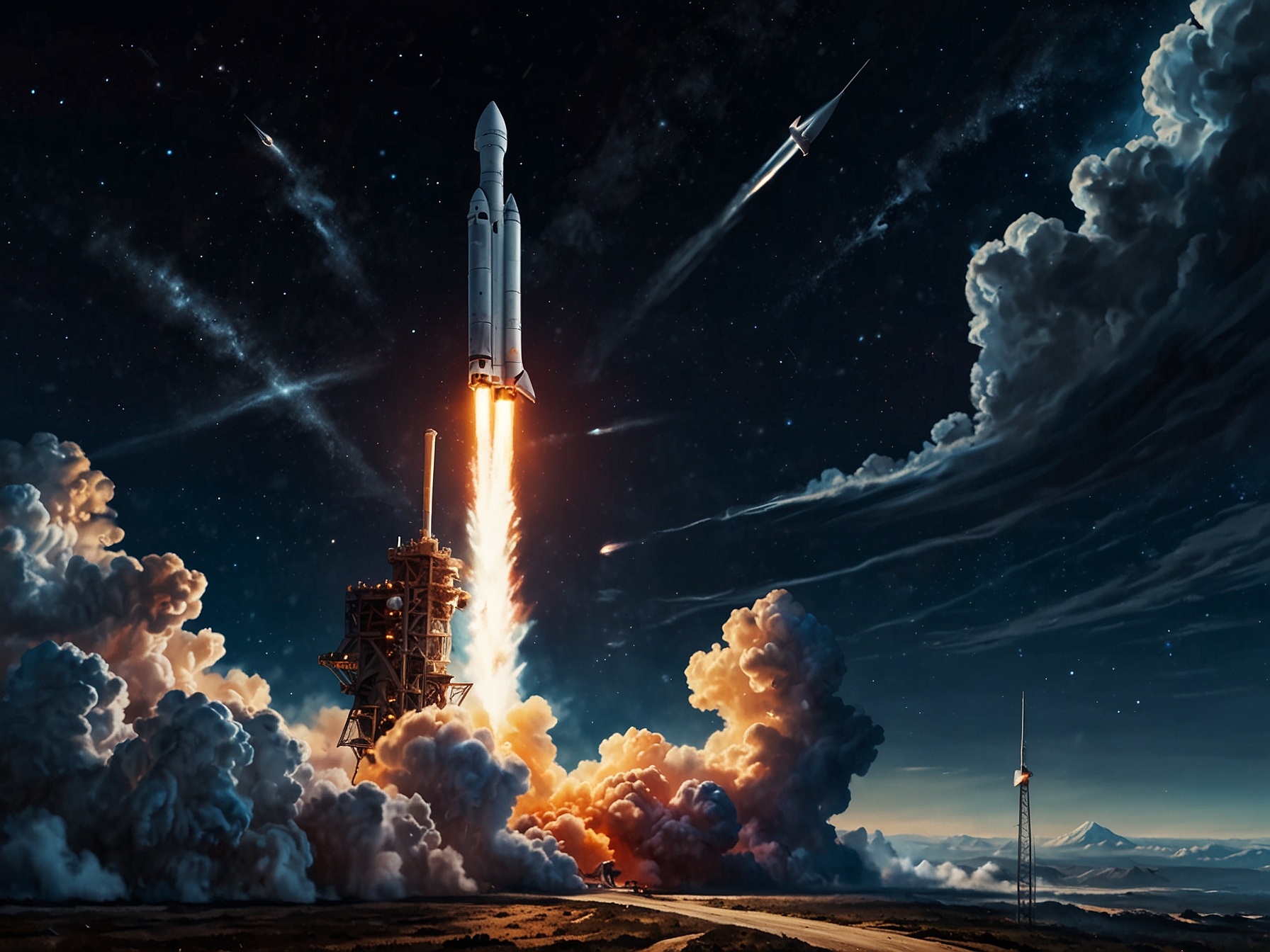 An illustration depicting a futuristic space launch involving SpaceX rockets, with a backdrop of the Earth and stars, symbolizing the rapid growth and aspirations of the space industry.
