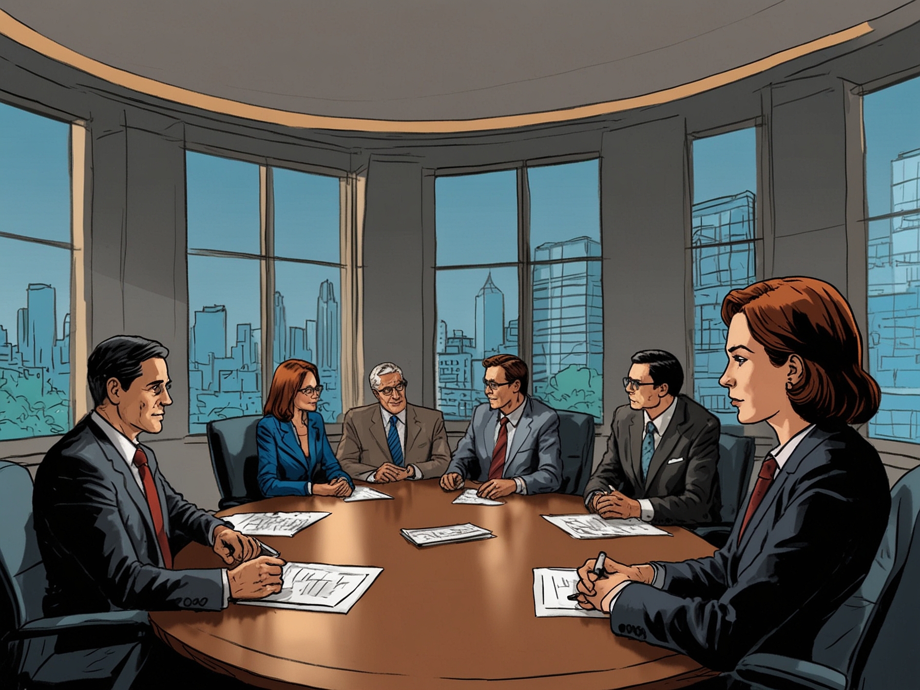An image depicting a corporate boardroom setting, where a concerned board of directors is discussing serious matters regarding their CEO's future, with Intel's logo subtly placed in the background.