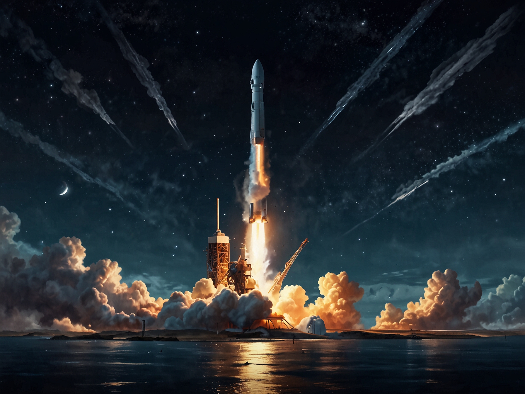A graphical representation of rising stock market trends alongside images of Elon Musk and SpaceX innovations, highlighting the correlation between Musk's wealth and SpaceX's valuation increase.
