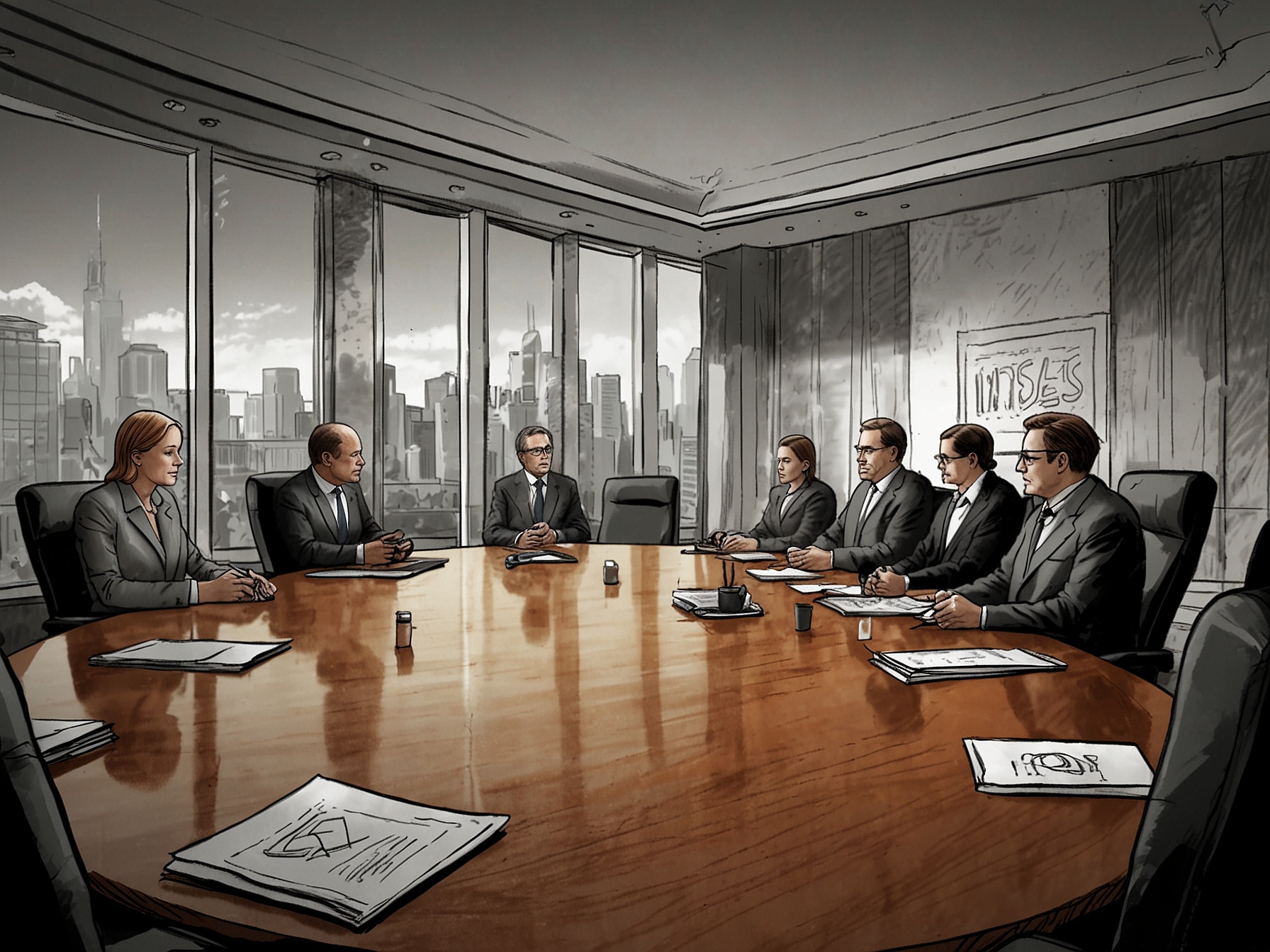 An illustration of Pat Gelsinger with a split image: one side showing his ambitious plans for Intel with charts and graphs, and the other side depicting the reality of competition and investor concerns.
