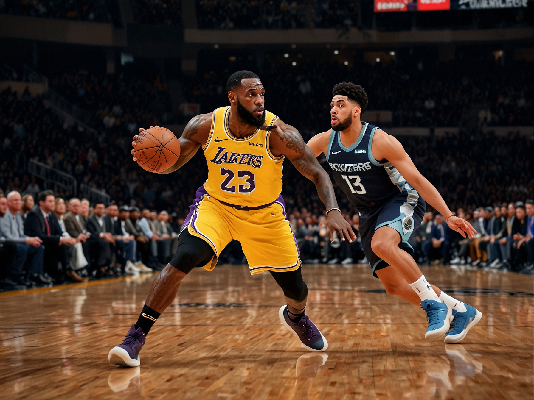 An action-packed moment from an NBA game featuring the Lakers and Timberwolves, showcasing LeBron James and Anthony Davis in a fast-break play against Minnesota's defense.