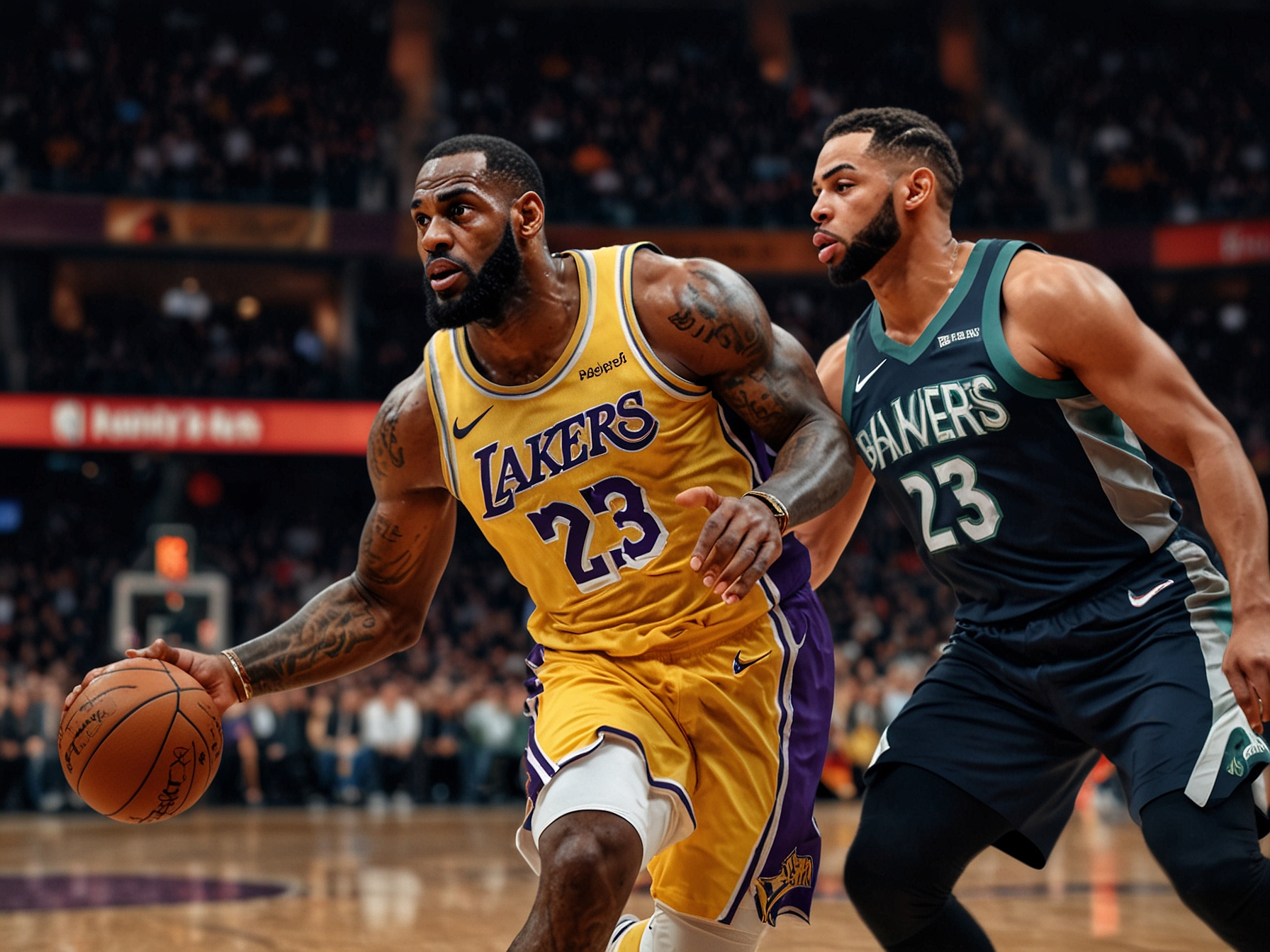 A vibrant scene of fans cheering in the stands, capturing the electrifying atmosphere of the Lakers vs. Timberwolves game, highlighting the excitement and unpredictability of basketball.