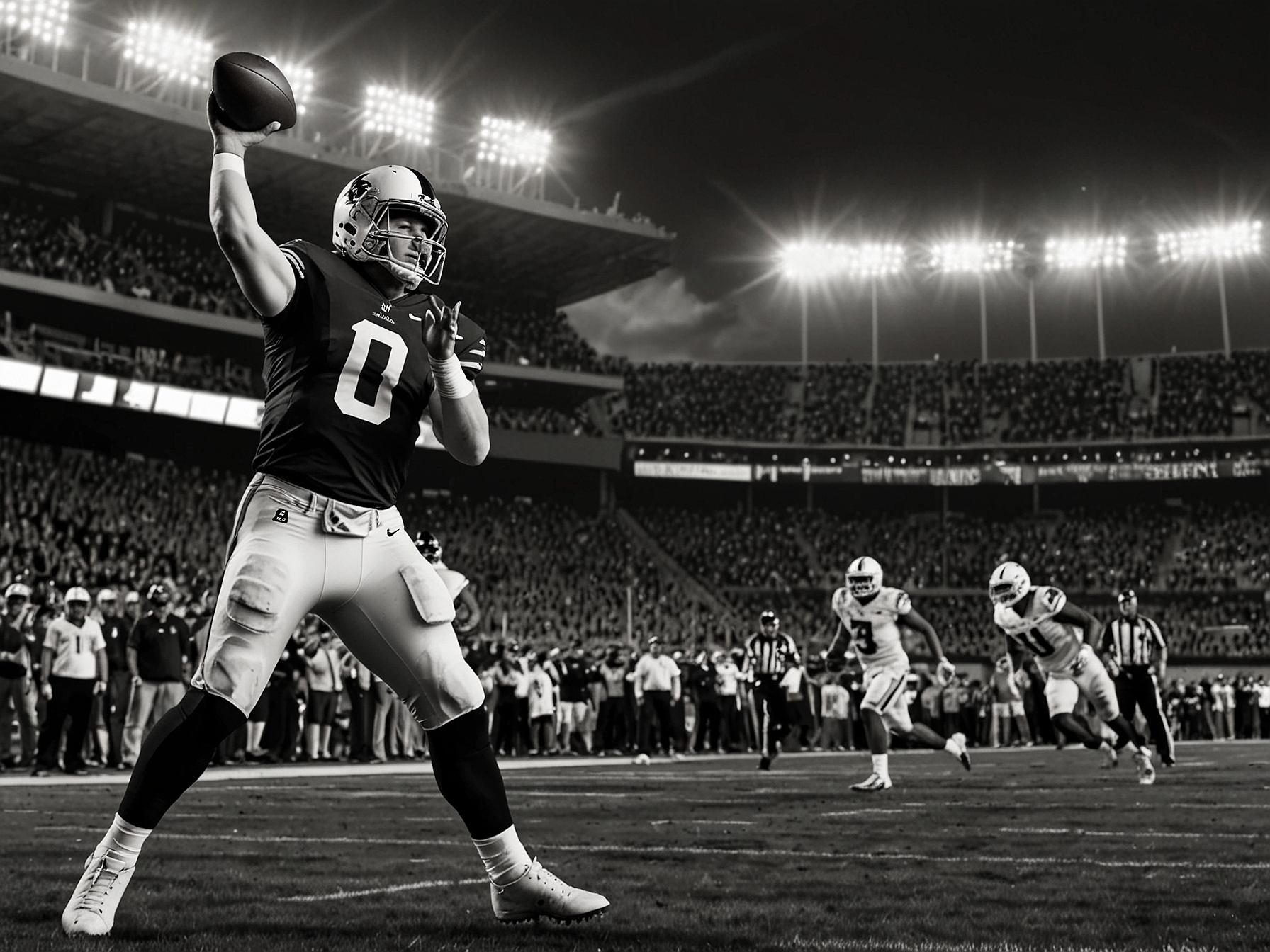 A dramatic moment captured of Bo Nix throwing a long touchdown pass, with excitement visible in the stands as fans cheer in the background.