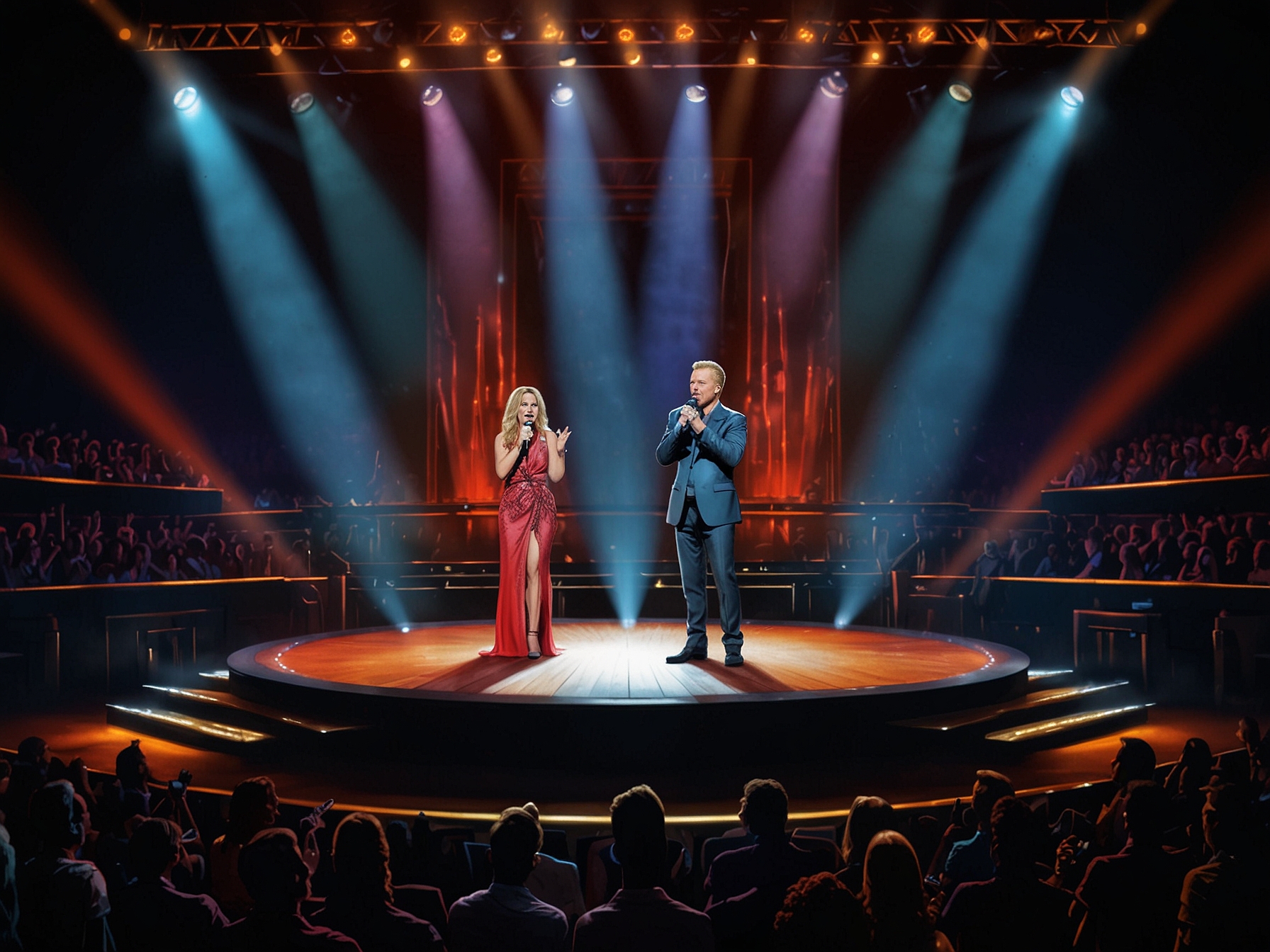 A vibrant stage illuminated with colorful lights showcasing the Top 8 artists of 'The Voice' performing a duet with Sting, emphasizing the energy and emotion of the event.