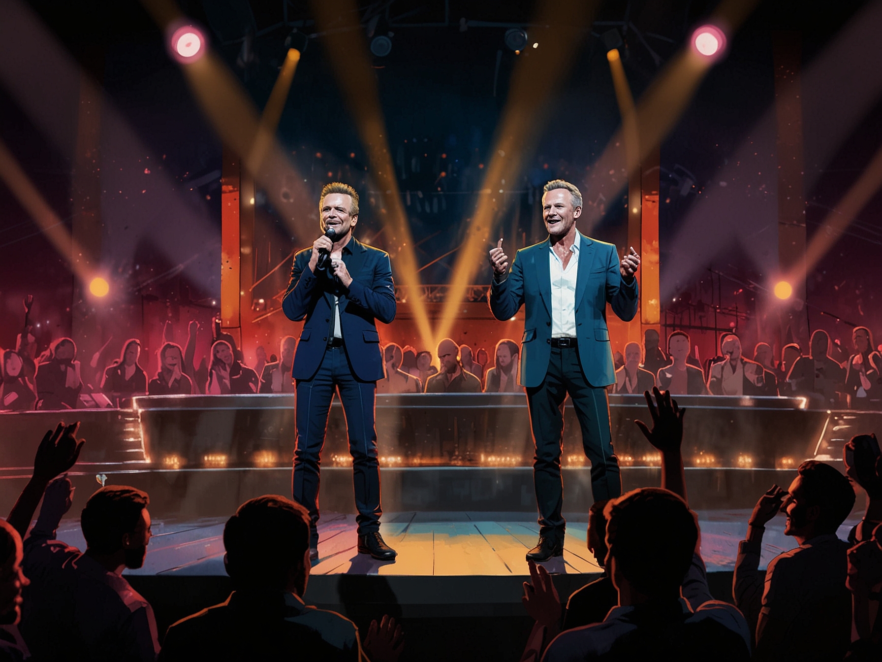 Close-up of Sting on stage, guiding and mentoring the contestants during a rehearsal, capturing the intensity and passion of his legendary artistry.