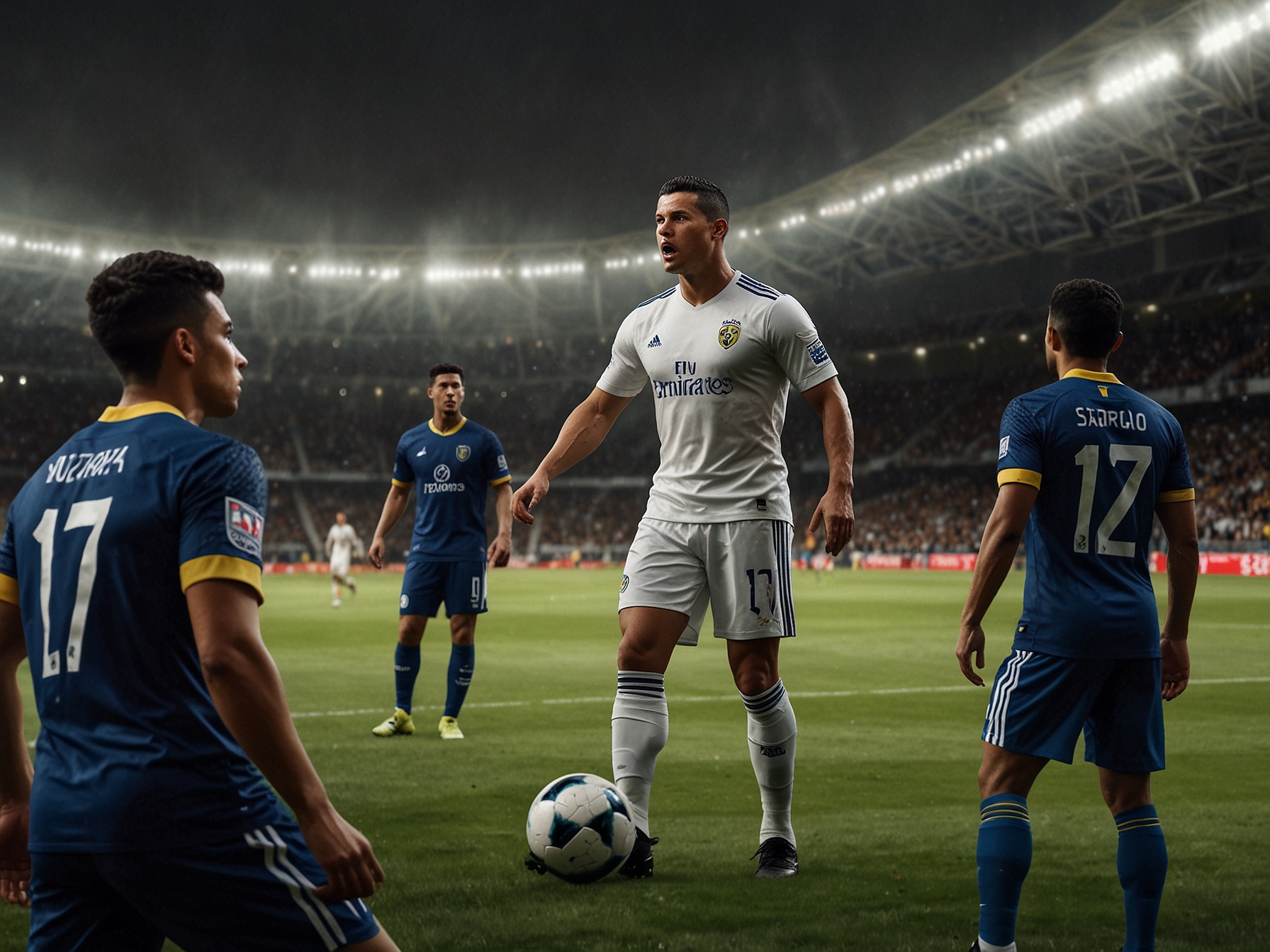 Cristiano Ronaldo looking contemplative during the match, highlighting the pressure and expectations athletes endure, as his team faces challenges on the pitch.