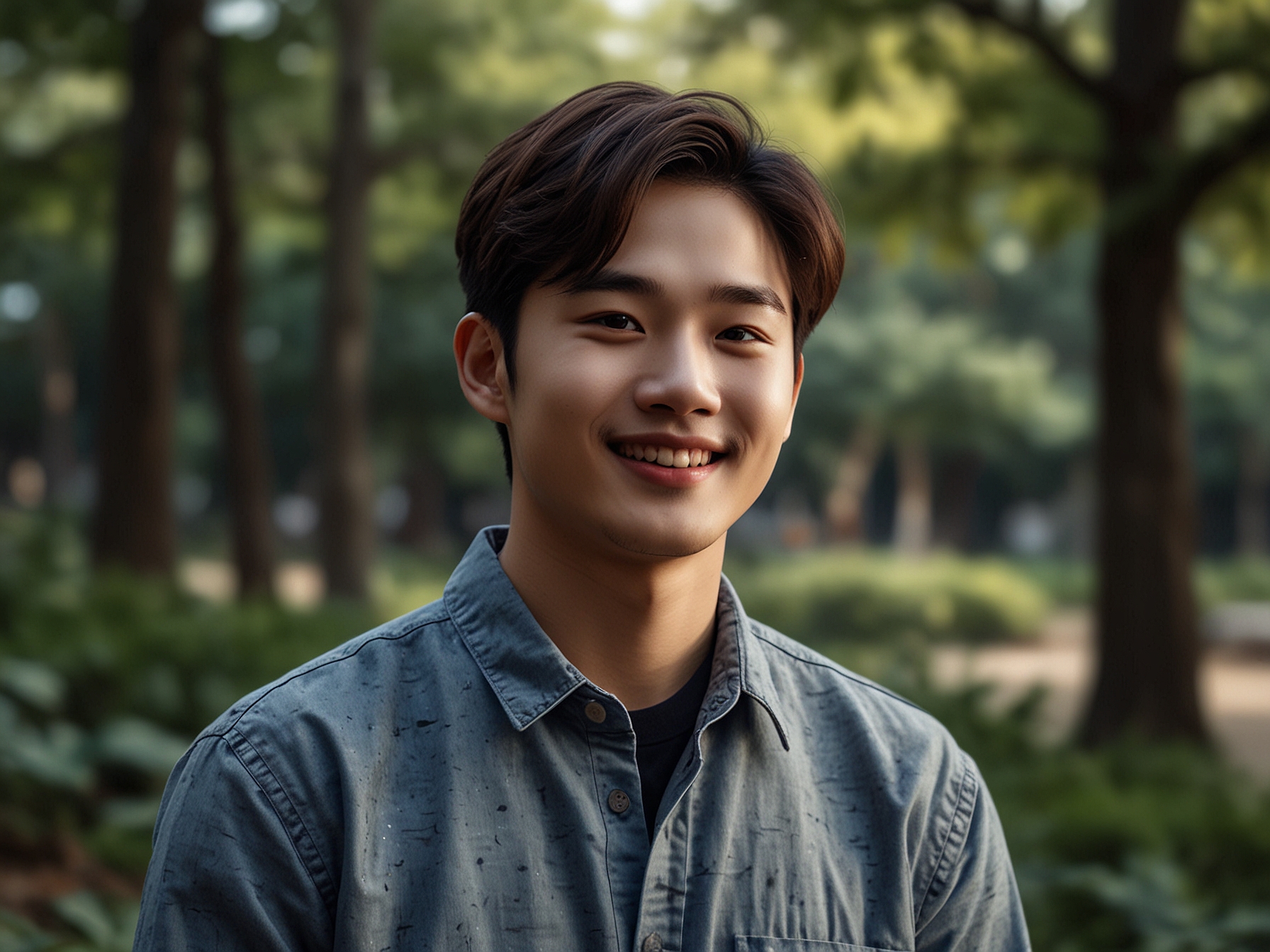 A serene portrait of Park Min Jae smiling brightly, surrounded by nature, symbolizing his love for life and adventures, reminding us to cherish every moment.