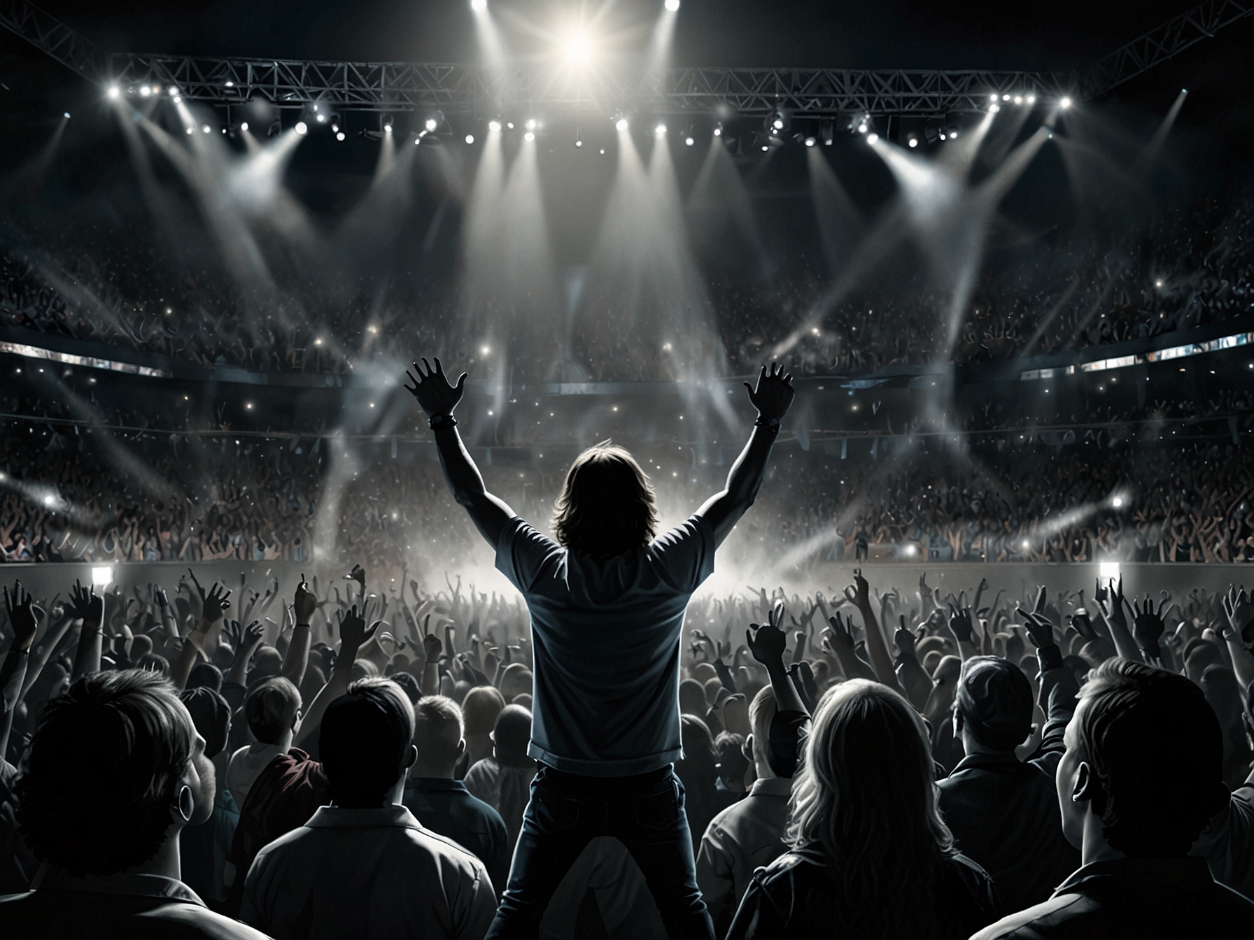 An excited crowd at Ford Field, illuminated by stage lights, with fans wearing AC/DC merchandise and singing along to the band during a concert.