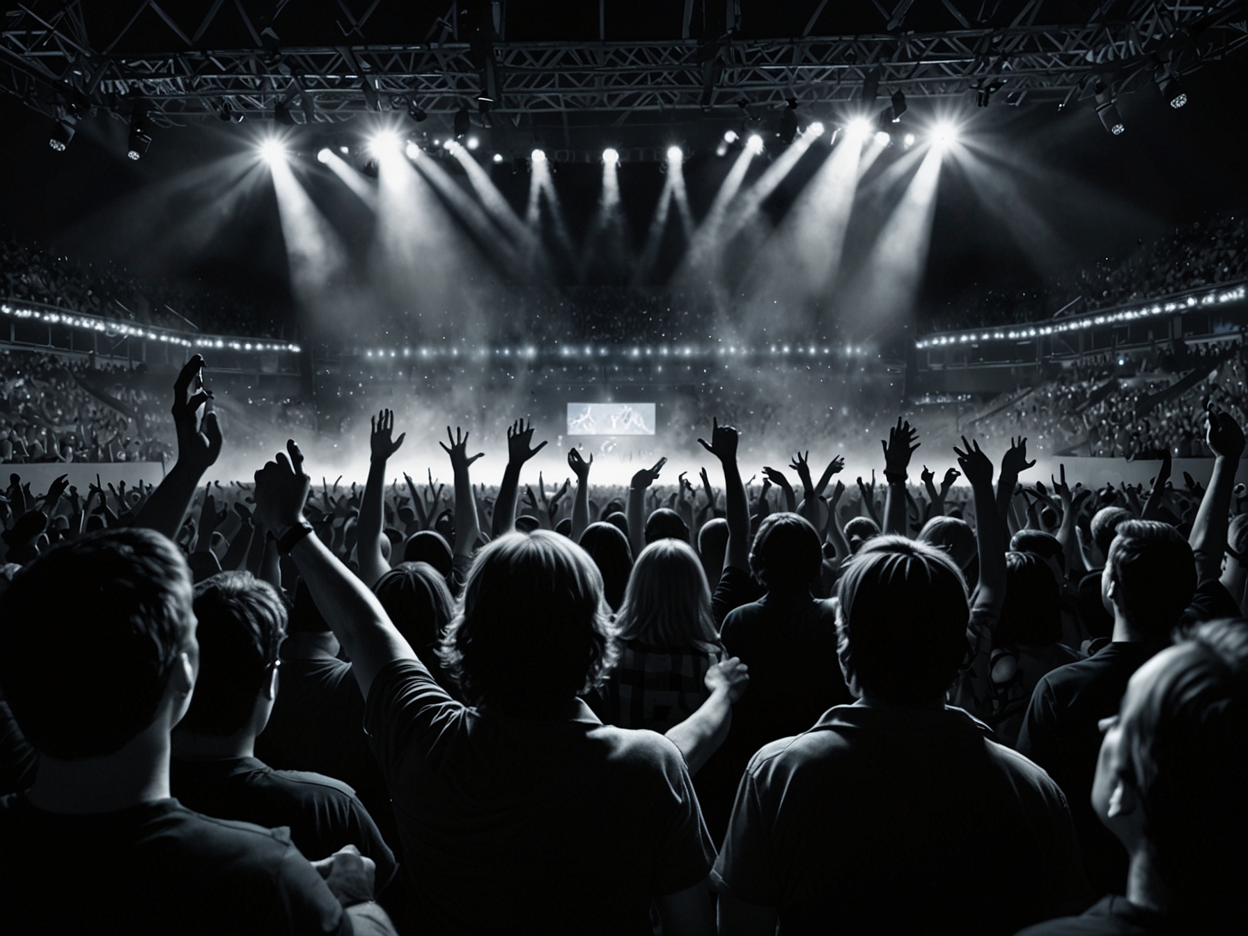 The iconic AC/DC logo displayed on a massive screen, while Angus Young plays guitar on stage, captivating an energized audience with his electrifying performance.