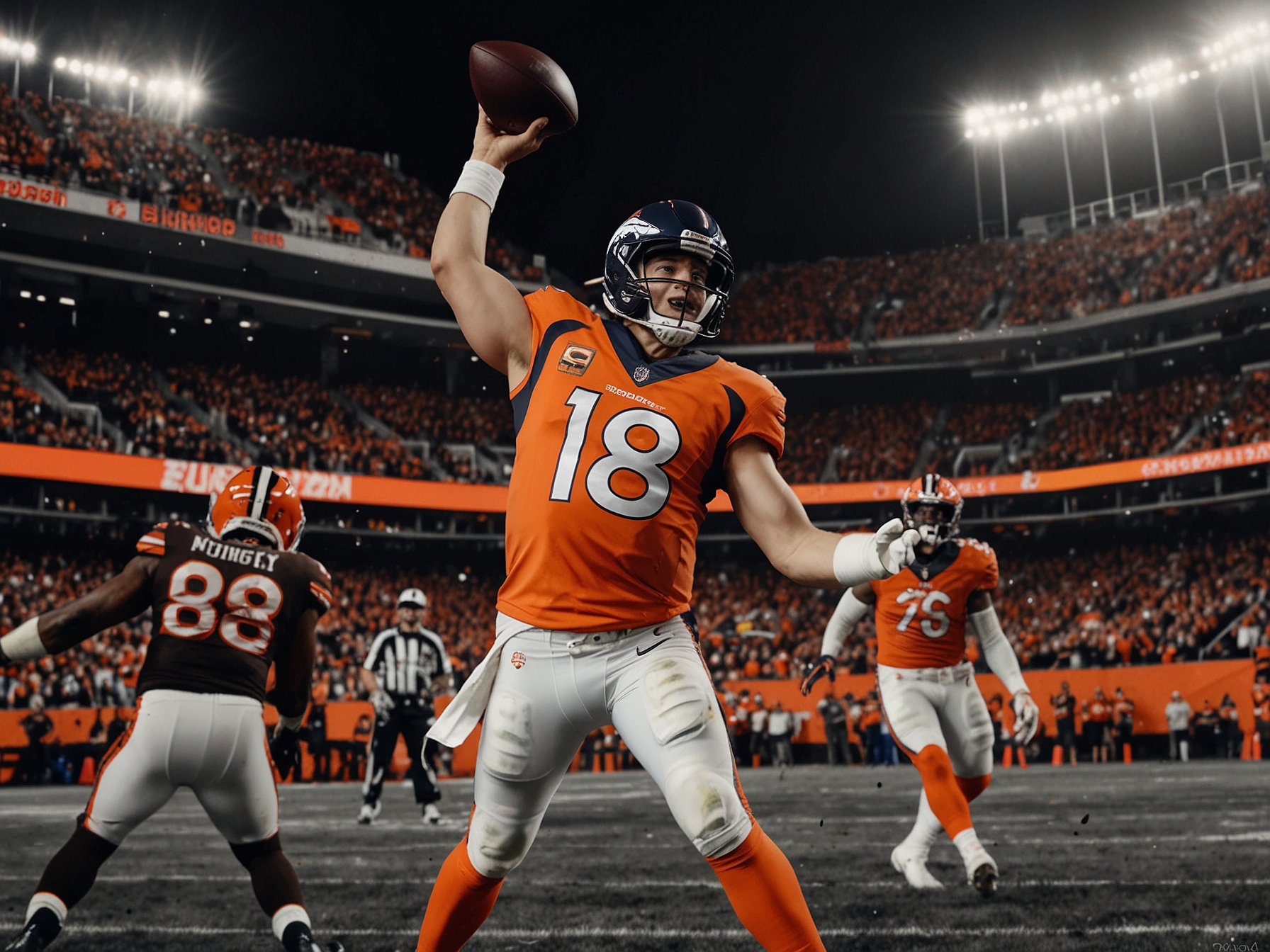 An action-packed scene capturing Bo Nix of the Broncos throwing a dramatic pass against the Browns with a packed stadium backdrop, showcasing the intensity of Monday Night Football.