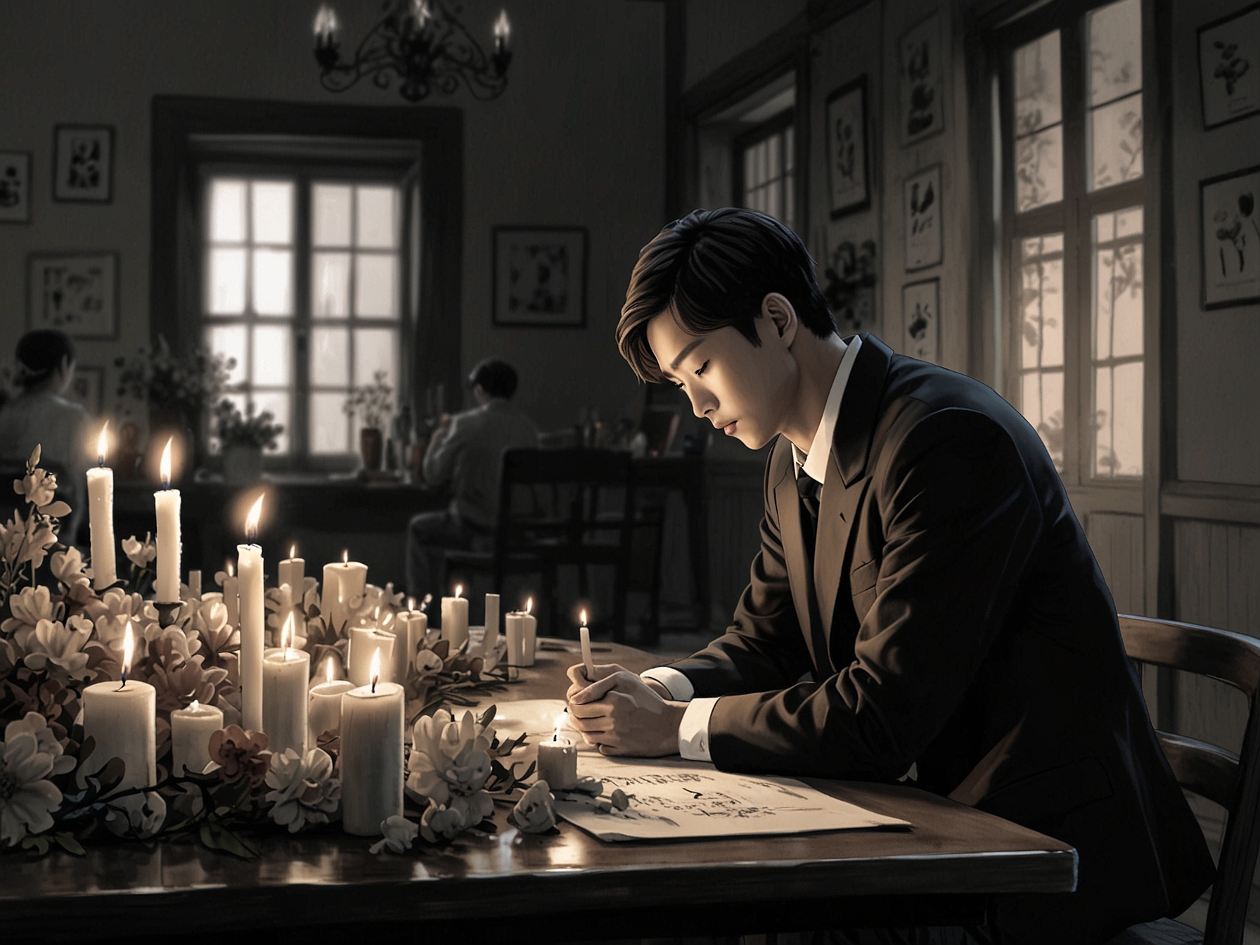 A poignant tribute image featuring Park Min-Jae on set during a heartfelt scene from one of his popular dramas, surrounded by candles and flowers from grieving fans.