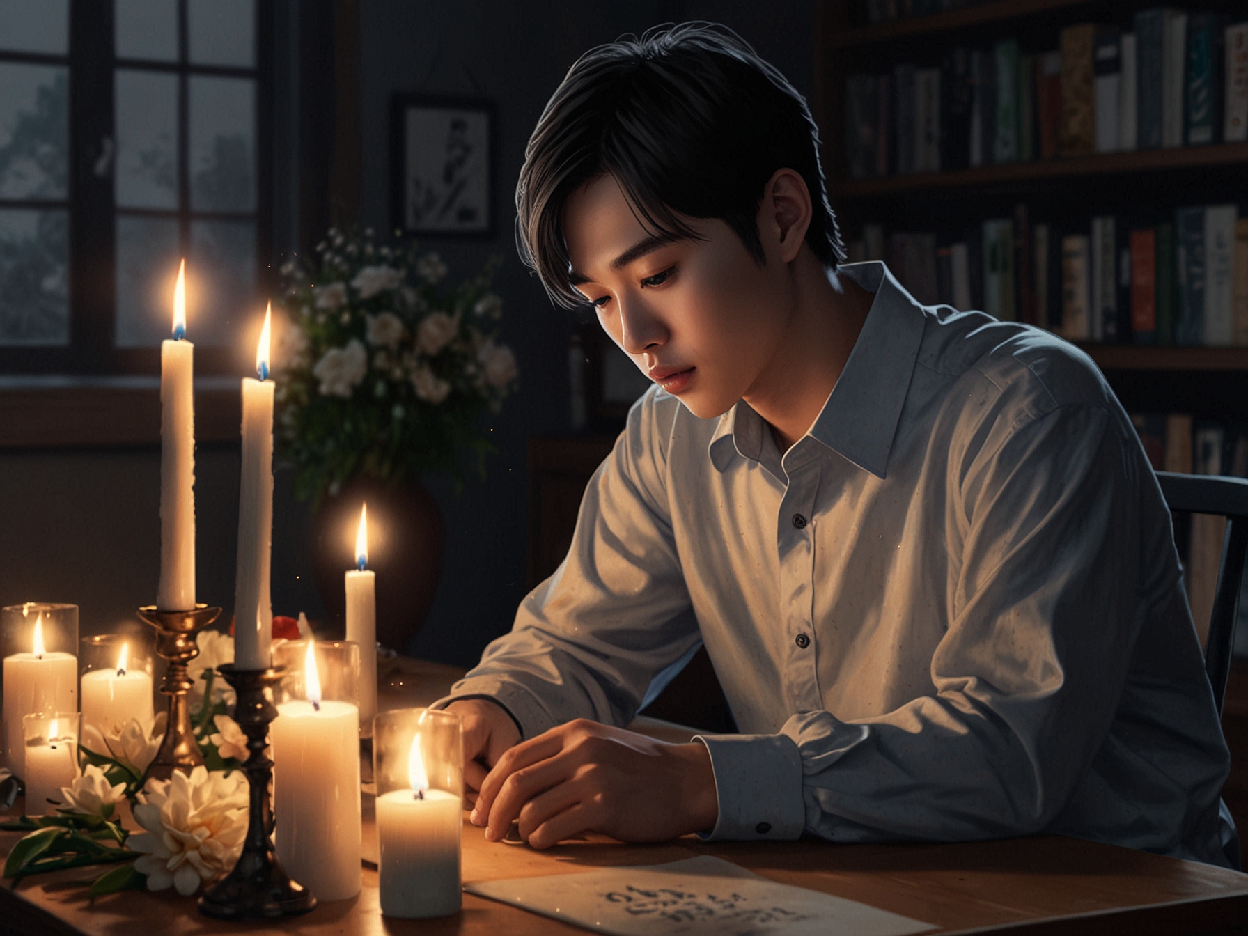 A monochrome photo capturing the emotional faces of fans holding candles and flowers outside a memorial for Park Min-Jae, embodying their love and grief.