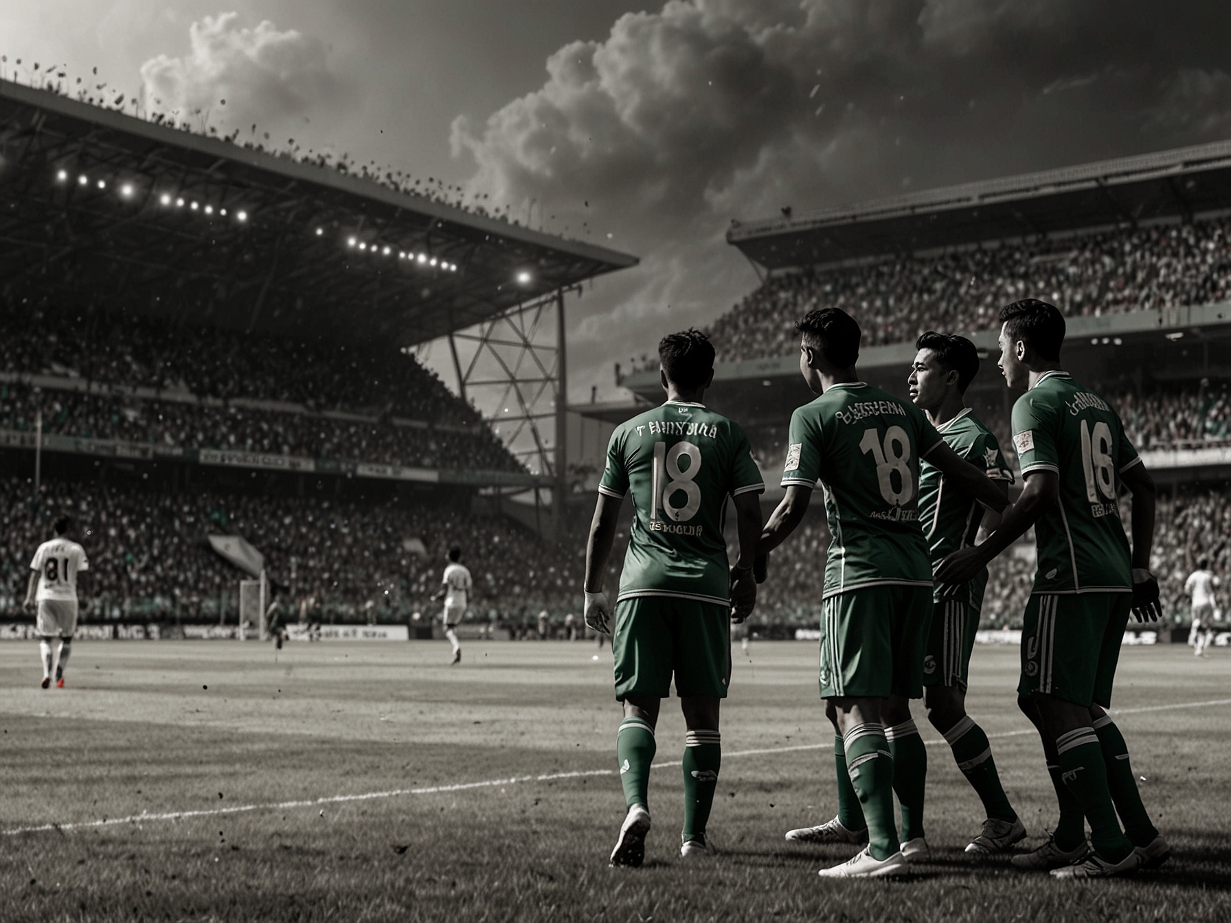 An intense moment from the Liga 1 match, featuring Persebaya players celebrating after scoring a goal, with the Gelora Bangkalan stadium in the background filled with enthusiastic fans.