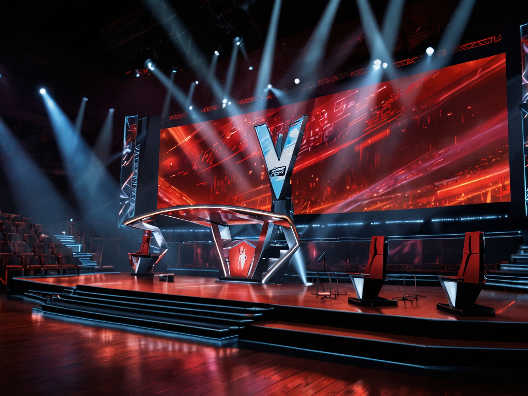 A vibrant stage set for 'The Voice' live shows, with colorful lights and an excited audience ready for captivating performances from the contestants.