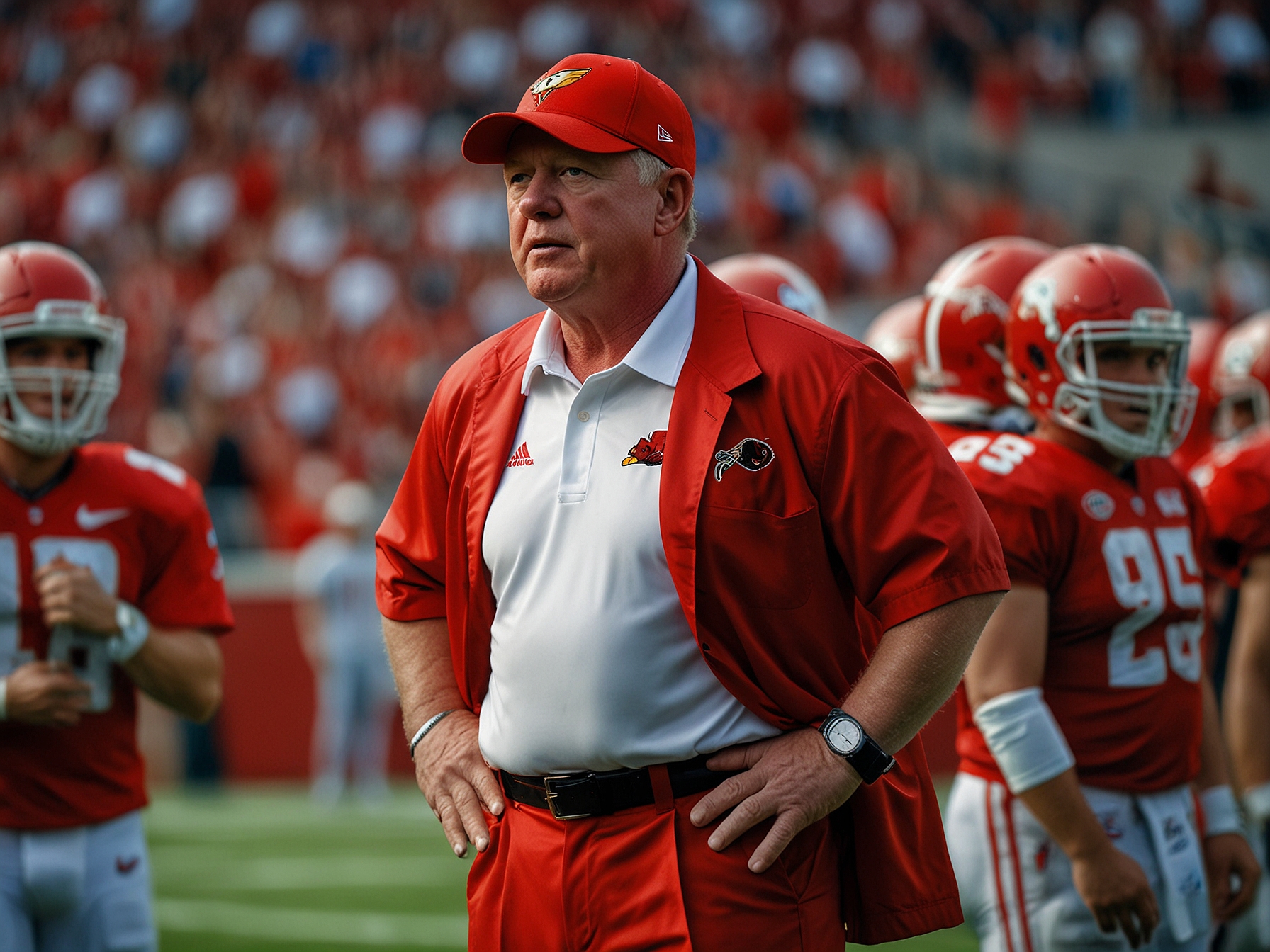An image showing Bobby Petrino, wearing a football coach's attire, on the sidelines during a game, analyzing plays with a serious expression. In the background, fans are cheering.