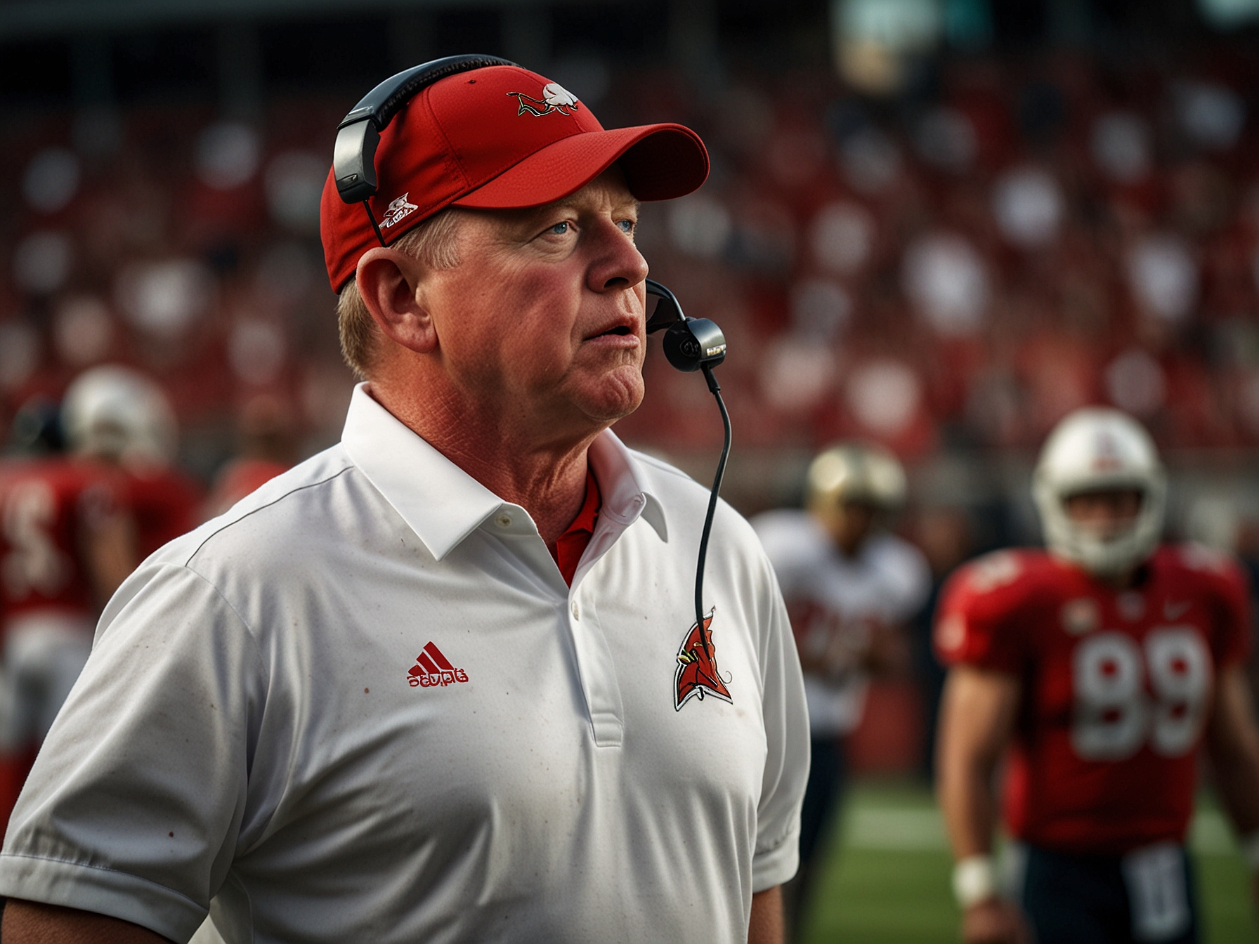 An illustration depicting Bobby Petrino contemplating his future as a coach, with a football playbook open in front of him, exuding determination and strategy.
