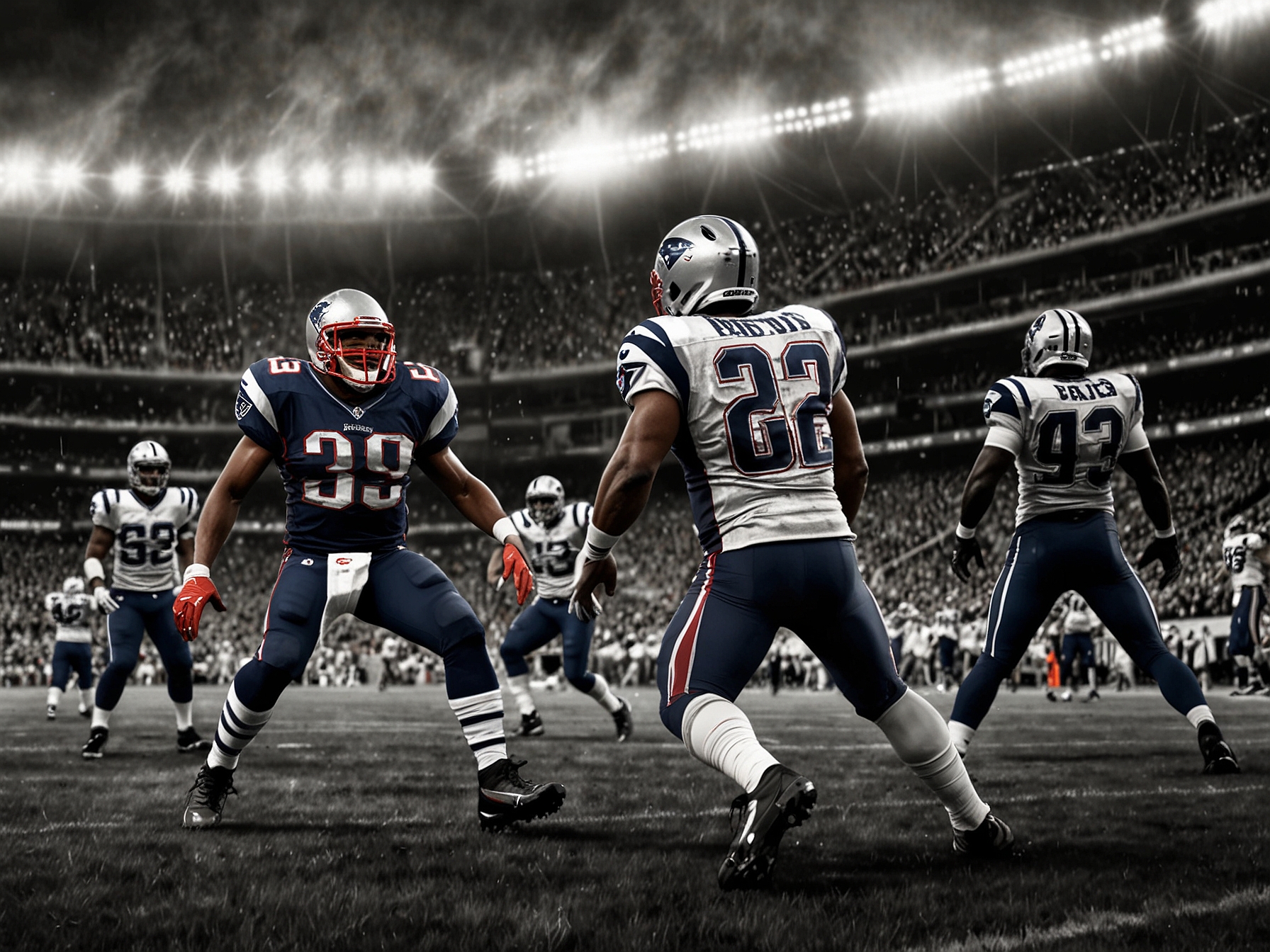 A dramatic scene on the football field showcasing the New England Patriots' players in action, capturing the intensity of the moment during the 68-yard field goal attempt against the Colts.