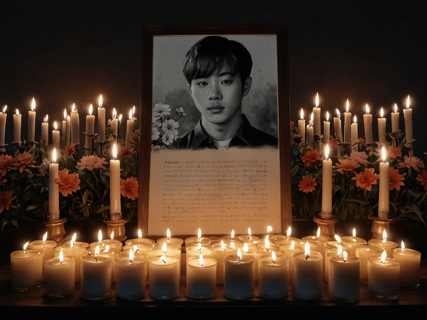 A somber tribute featuring candles and flowers placed around a portrait of Park Min Jae, symbolizing love and remembrance from fans after his untimely passing.