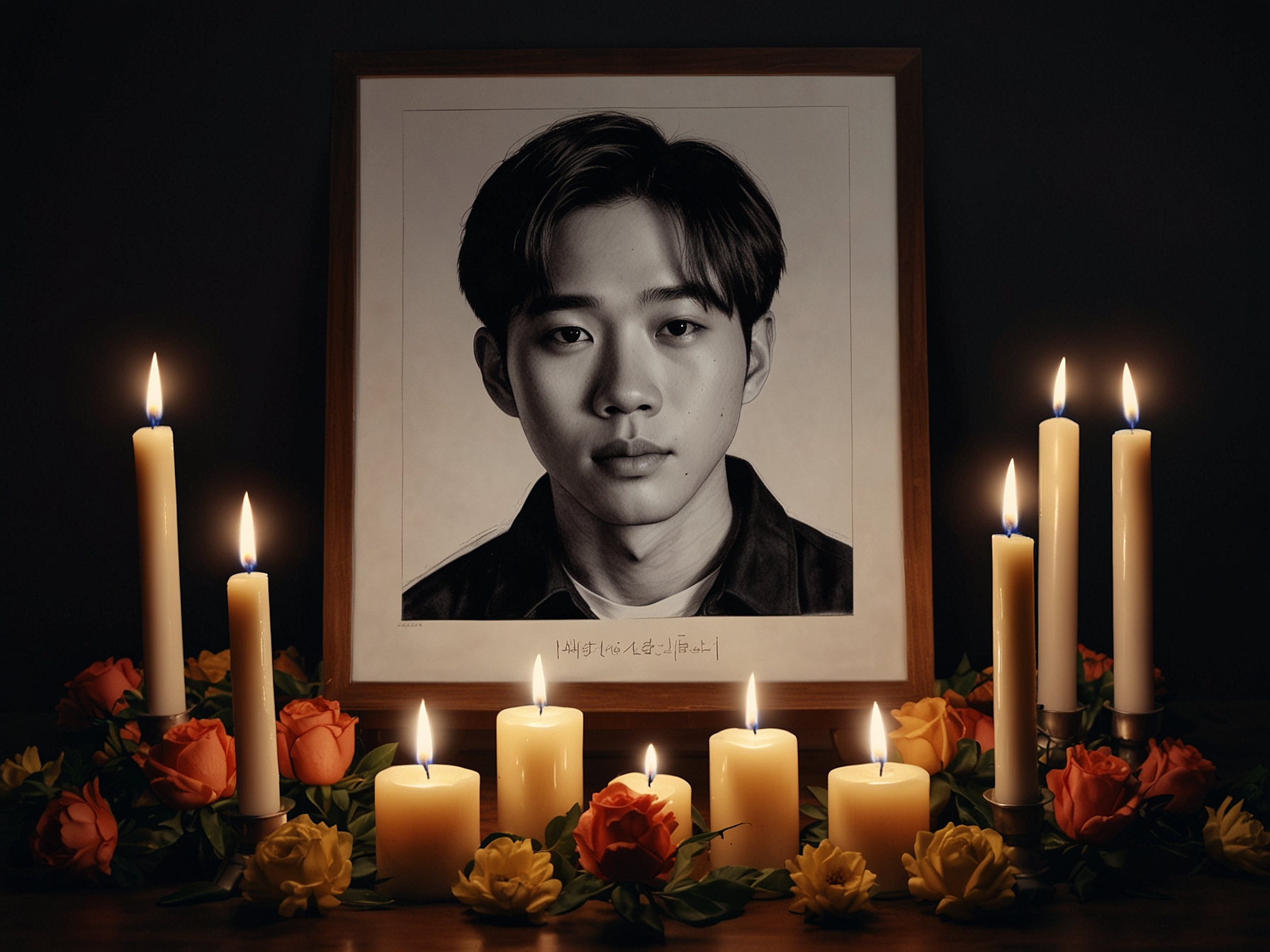 An emotional gathering of fans outside a memorial for Park Min Jae, holding banners and candles, reflecting their sorrow and support for his family.