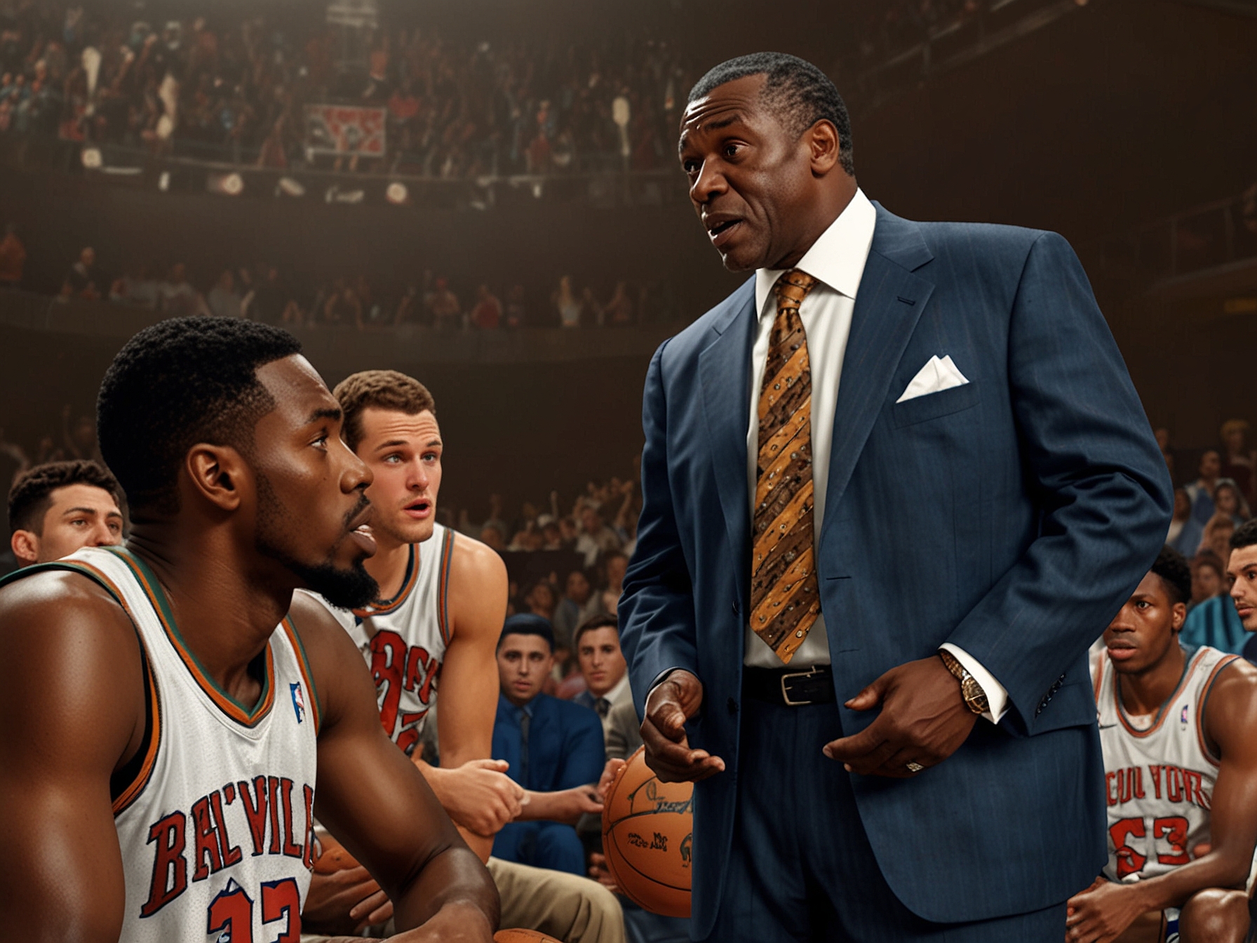 An image of Vernon Maxwell passionately speaking to a group of NBA players, highlighting the importance of financial prudence and caution against lending money. The players listen intently, showcasing a sense of camaraderie and concern.