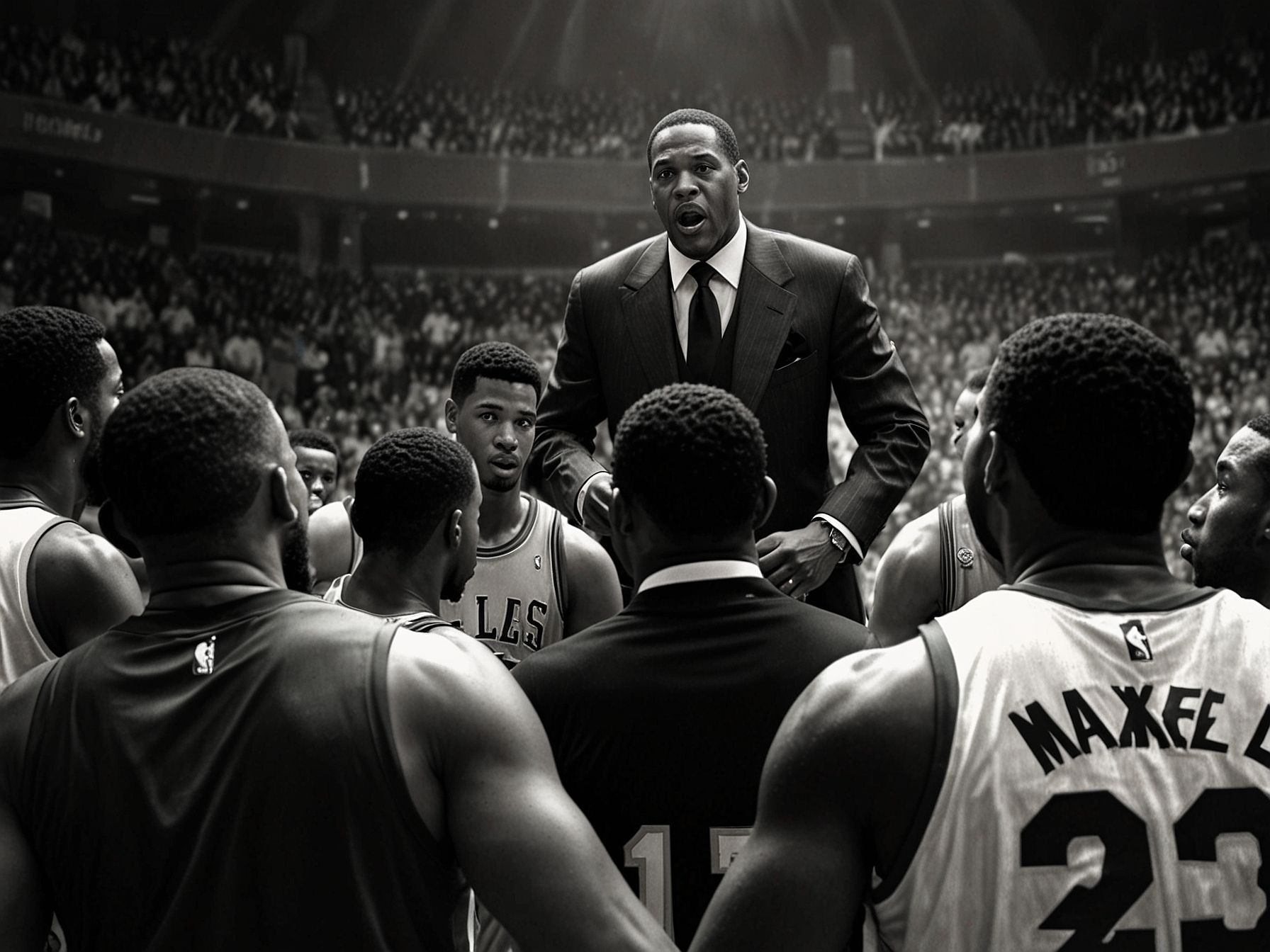 An artistic depiction of Vincent Askew surrounded by neon dollar signs, illustrating the financial struggles and controversies surrounding his past decisions, serving as a cautionary figure in the NBA community.