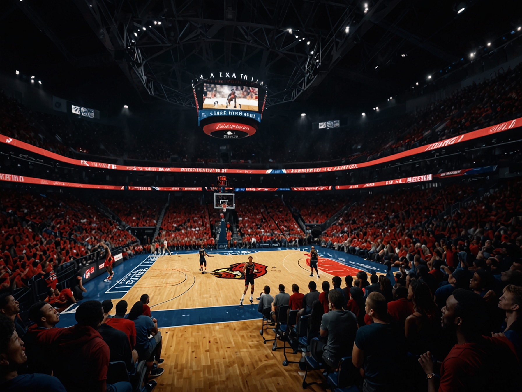 A packed State Farm Arena with excited fans cheering for the Atlanta Hawks as they battle the New Orleans Pelicans. The atmosphere is electric with emotions running high during Dejounte Murray's homecoming.