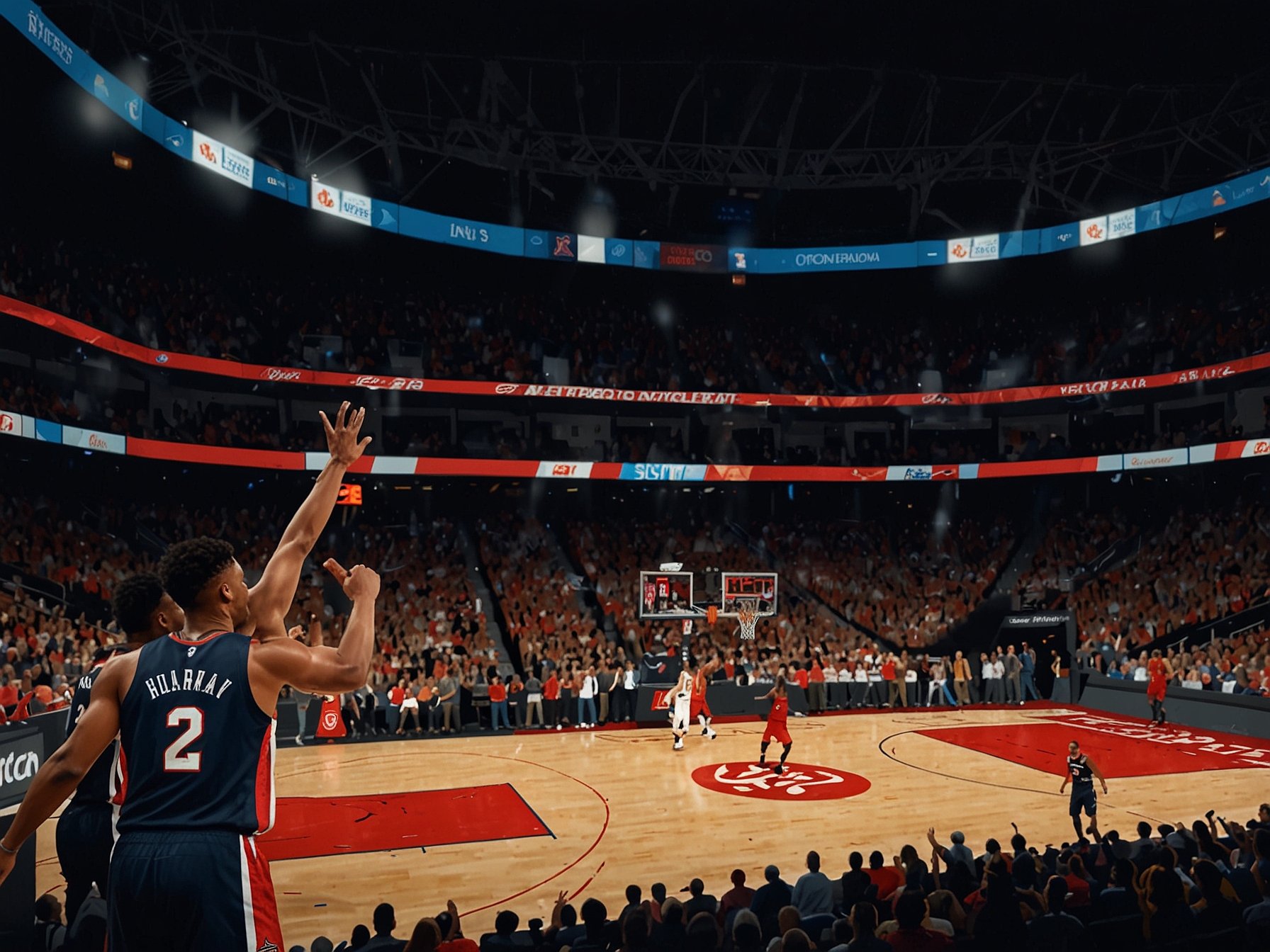 Trae Young executing a step-back jumper during a critical moment in the game, with defenders attempting to block the shot, showcasing the intense competition between the Hawks and Pelicans.